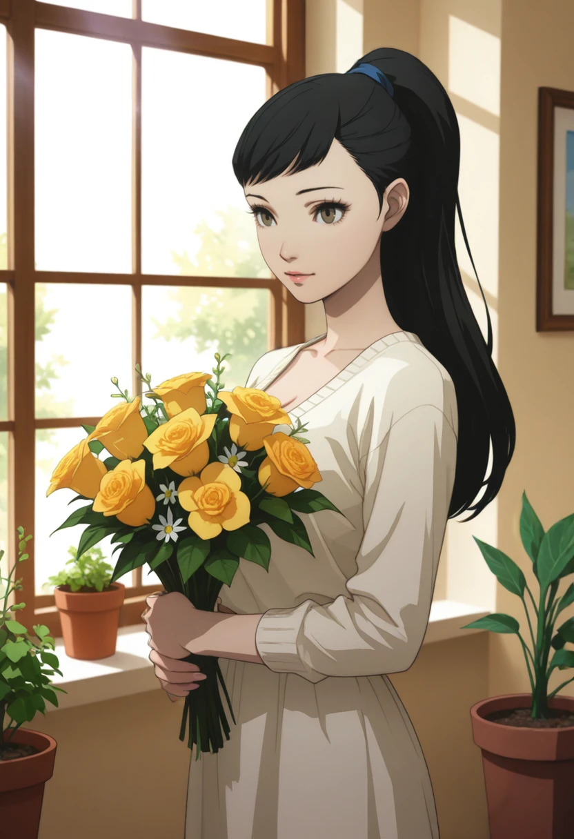 masterpiece, very aesthetic, best quality, absurdres, newest, solo,
<lora:ILP3Rio:1>
P3Rio, 1girl, black hair, ponytail, long hair, brown eyes, holds a bouquet of flower, warm sunlight streaming through a window, surrounded by an assortment of potted flowers