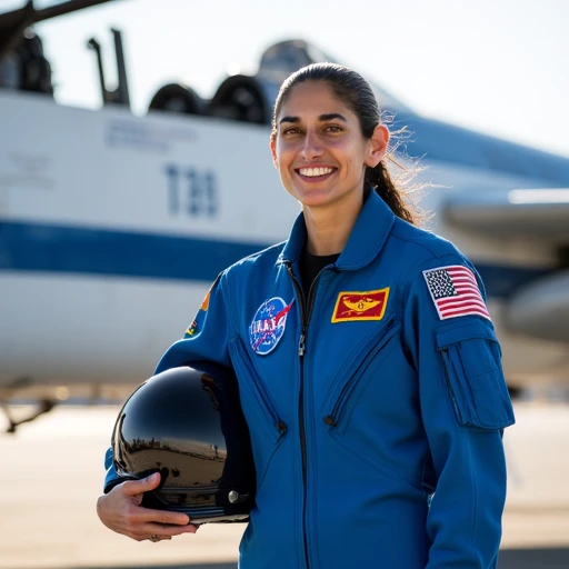 Photorealistic image of a female NASA astronaut on a sunlit airfield, standing beside a white-and-blue T-38 Talon jet. She wears a vibrant blue NASA flight suit adorned with colorful mission patches, a name tag, and an American flag on one shoulder. Her helmet, deep navy with NASA markings, is tucked under one arm. She has medium olive skin, dark eyes, and long dark hair pulled into a sleek ponytail. Her confident smile and relaxed pose capture the spirit of modern spaceflight training. The aircraft’s canopy is open, revealing its sleek controls, while heat shimmers rise off the runway behind her. (activation: photorealistic, masterpiece, cinematic light, NASA jet, blue jumpsuit, female astronaut, high-resolution, airfield)