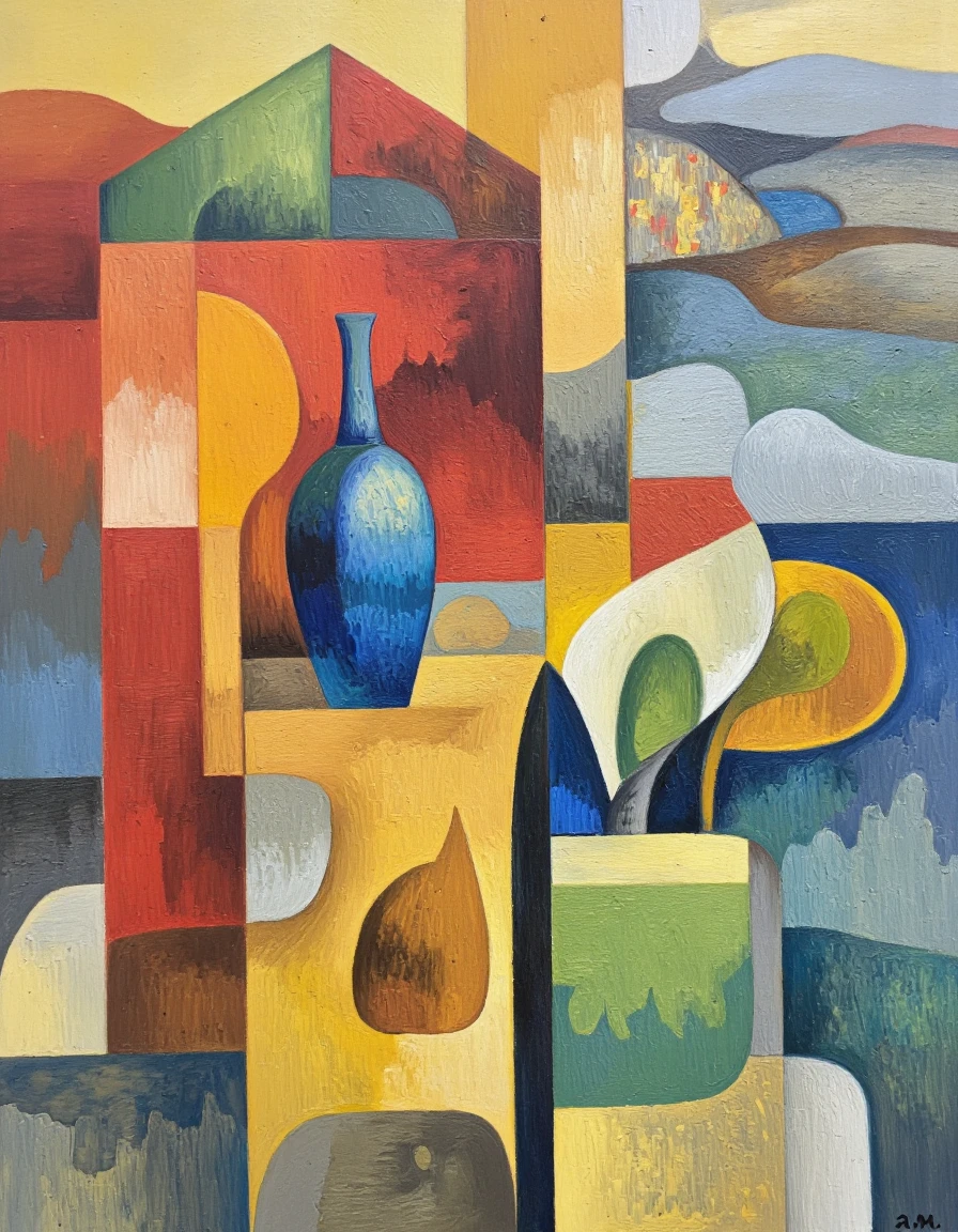 Art by Aram Hakobian. A.M. artist signature in the bottom right corner of the image, "a.m." in the top left corner, a blue vase with a long neck stands out against a multicolored abstract background. the vase is the focal point of the painting, positioned in the center of the composition. the background is composed of various geometric shapes and colors, including red, orange, yellow, green, blue, and gray, creating a vibrant and lively atmosphere. the colors blend together seamlessly, with some areas appearing darker and others lighter, giving the painting a sense of depth and dimensionality. the abstract shapes are arranged in a grid-like pattern, with each shape having a distinct shape and texture. in the background, there are distant hills and a distant valley, adding to the sense of movement and depth to the painting. the overall effect is one of serenity and tranquility, with the vibrant colors and textures blending together to create a visually striking composition.