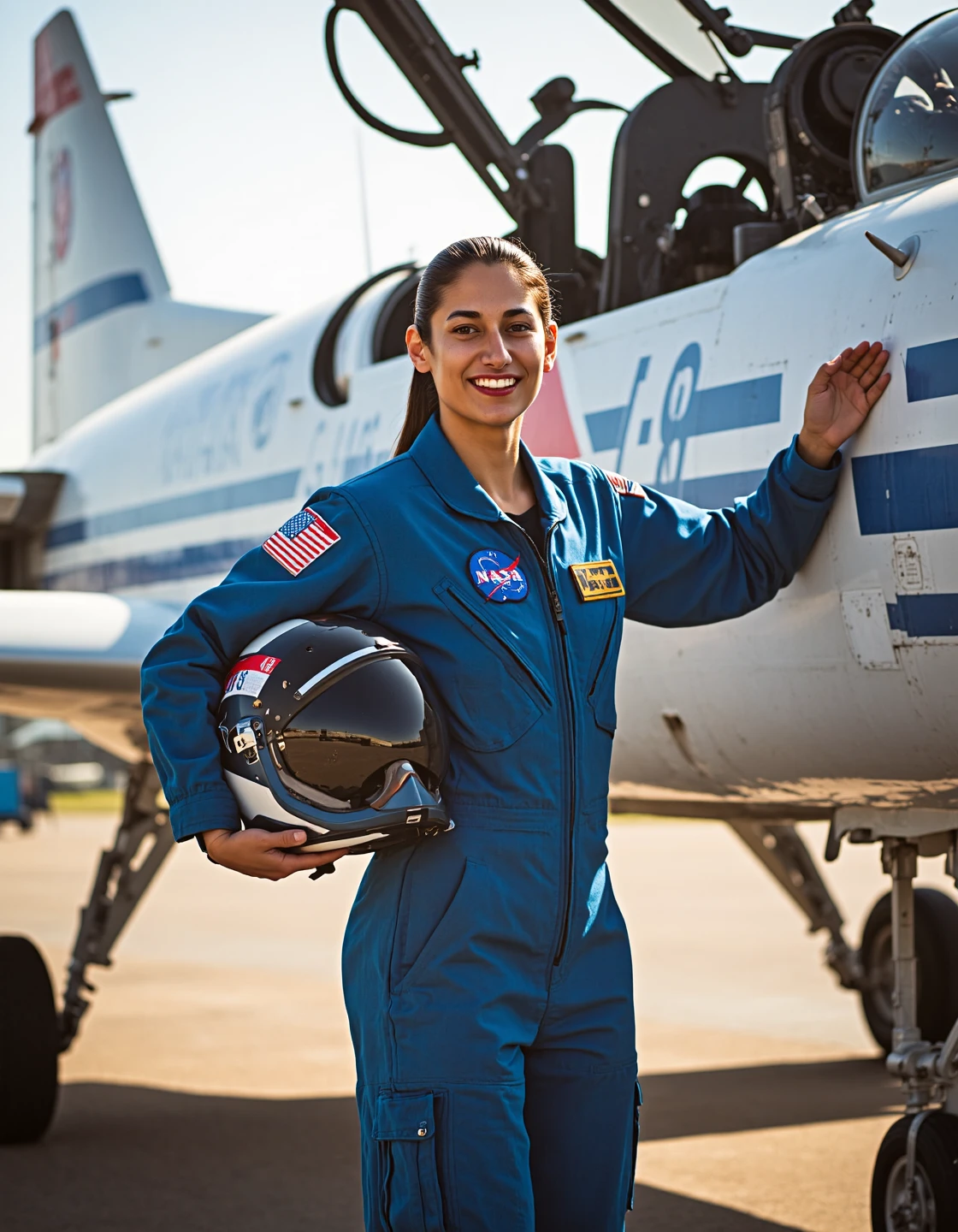 Photorealistic image of a female NASA astronaut on a sunlit airfield, standing beside a white-and-blue T-38 Talon jet. She wears a vibrant blue NASA flight suit adorned with colorful mission patches, a name tag, and an American flag on one shoulder. Her helmet, deep navy with NASA markings, is tucked under one arm. She has medium olive skin, dark eyes, and long dark hair pulled into a sleek ponytail. Her confident smile and relaxed pose capture the spirit of modern spaceflight training. The aircraft’s canopy is open, revealing its sleek controls, while heat shimmers rise off the runway behind her.
(activation: photorealistic, masterpiece, cinematic light, NASA jet, blue jumpsuit, female astronaut, high-resolution, airfield)