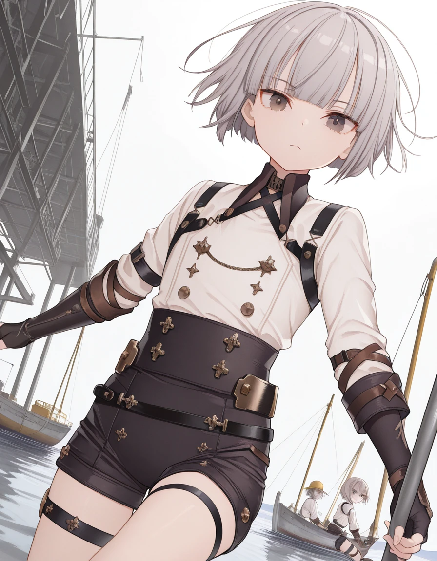 masterpiece, best quality, amazing quality,, <lora:towatsugai-suzume-illustriousxl-lora-nochekaiser:1>, suzume, short hair, bangs, brown eyes, grey hair, androgynous,, shirt, gloves, long sleeves, white shirt, shorts, black gloves, collared shirt, belt, fingerless gloves, thigh strap, black shorts, single glove, <lora:dynamic-pose-illustriousxl-lora-nochekaiser:1>, dynamic pose, midair, cowboy shot, shipyard, boats, construction, metal, workers, cowboy shot, solo, looking at viewer
