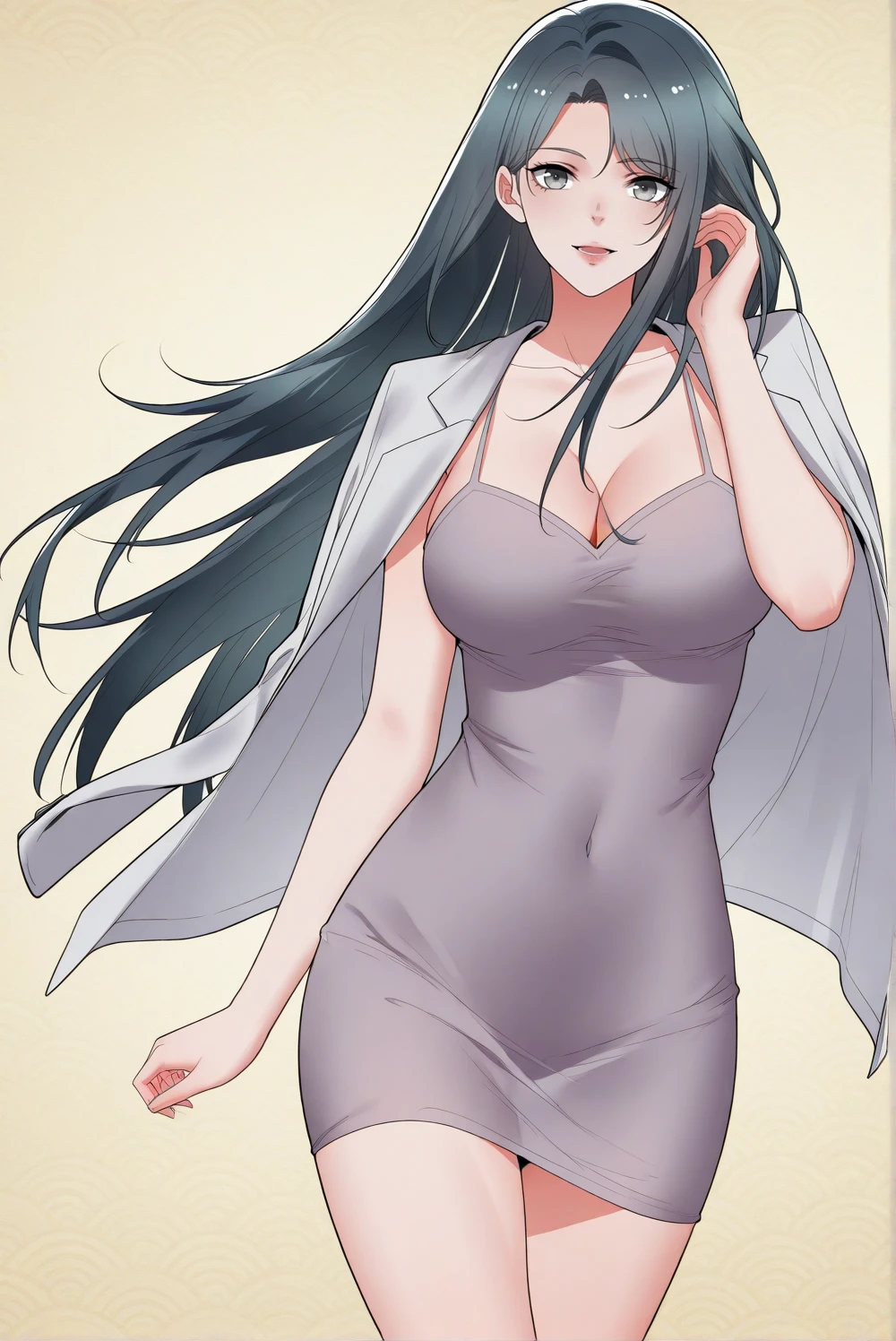 (masterpiece, best quality:1.2), 1girl, solo,mature_lady, delicate face,detail eyes,long hair, floating hair,medium breasts, see-through clothes, Clothes with complicated patterns, nipple, pussy,,white dress,Camisole dress,in a car