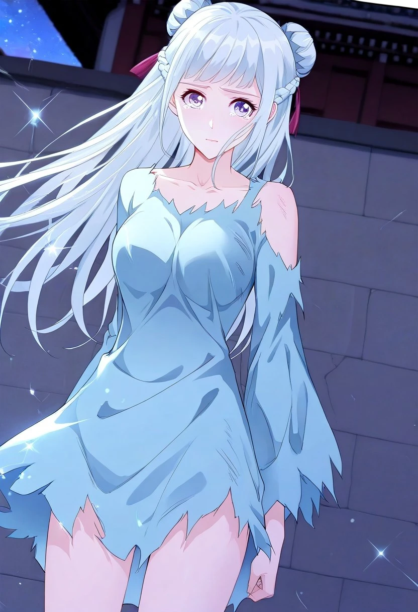 Smooth Quality, highres, hi res, best quality, masterpiece, intricate details, absurdres, 8k, (official art, anime screencap:1.1), glitter, depth of field, pinup, Glamor,
BREAK
BREAK
outdoors, chinese background , wall
dutch angle, tears,
XJUNXUE, 1girl, white hair, double bun, Long hair, purple eyes, braid, french braid,
Torn clothes