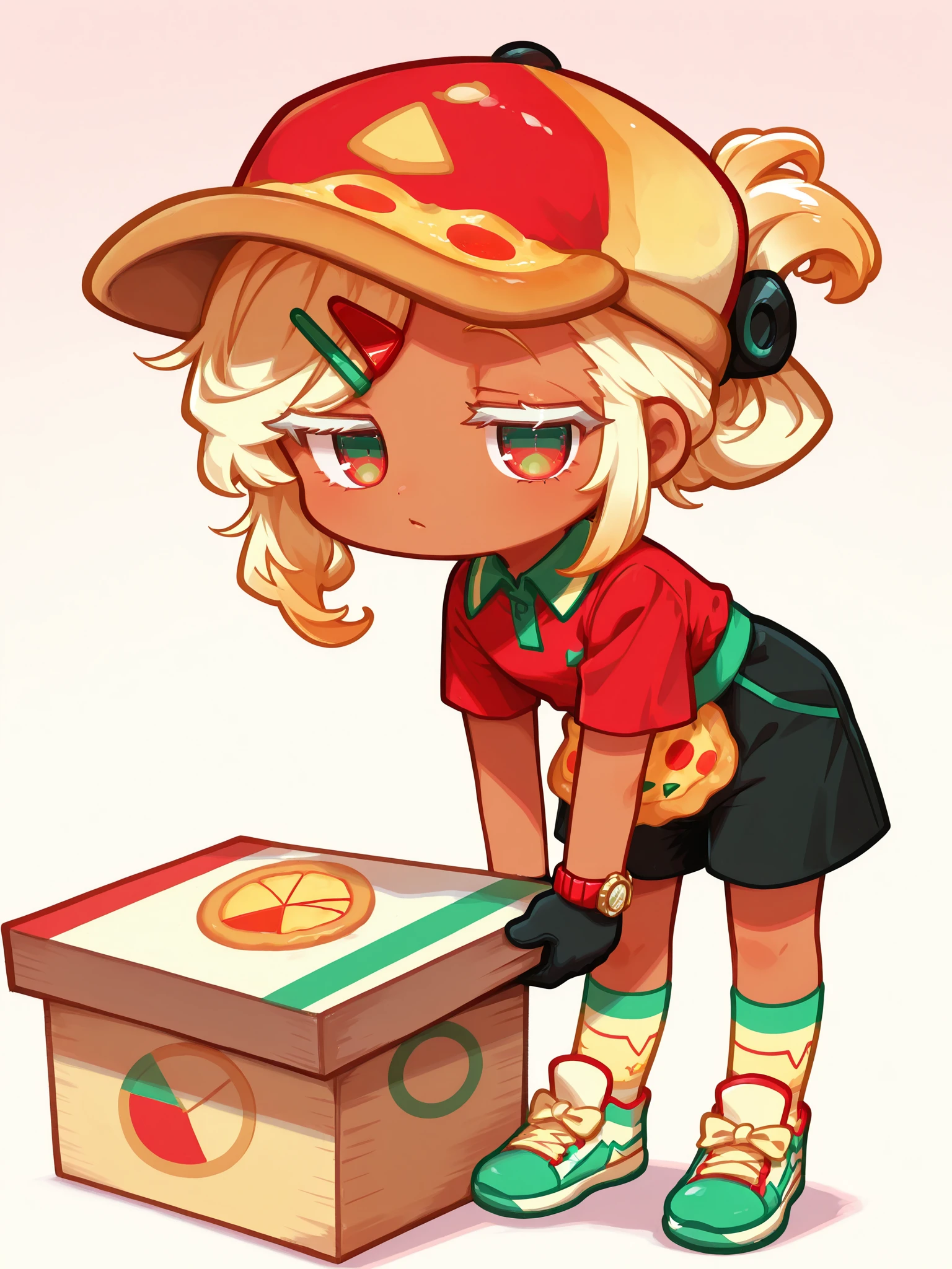 <lora:PizzaCR2XL:1>, PCo_CR, 1girl, dark skin, red two-tone collared shirt, black shorts, medium hair, pizza hat, black gloves, hairclip, short sleeves, polo shirt, pizza apron, folded ponytail, two-tone eyes, wristwatch,
<lora:cfg_scale_boost:0.5> [lazypos], gradient background, <lora:spo_sdxl_10ep_4k-data_lora_webui:0.4> <lora:retrocute:1>, dynamic pose, white eyelashes, <lora:omoyunakyu715-_style_Illustrious:0.3> omoyu_nakyu715, bored, chibi, full body, multicolored sneakers, multicolored socks, floating, delivery, pizza box, holding, looking at viewer,