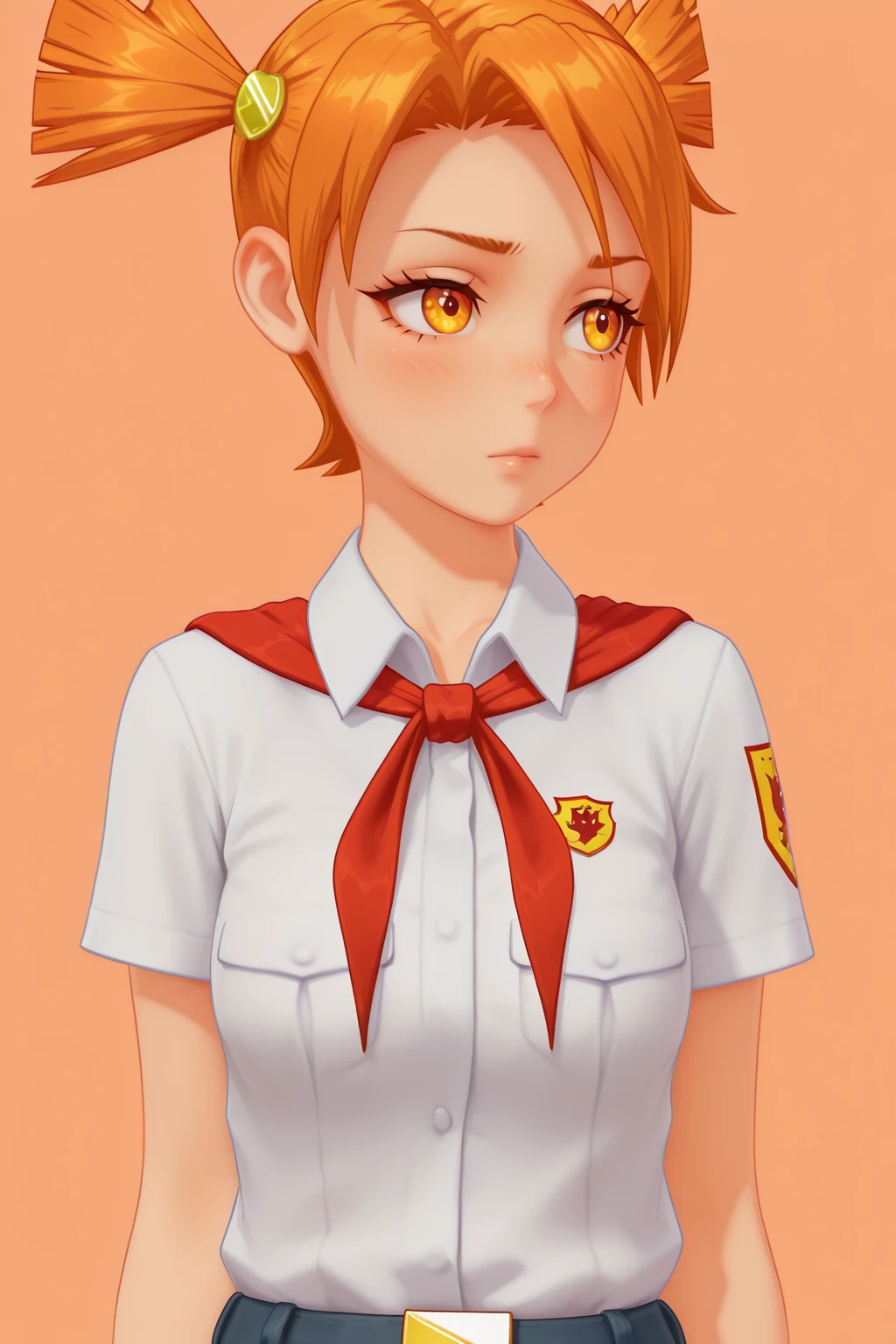 RIIIILF, BTBF, G3NSHIN, 3D, FAlisaF, orange hair, orange eyes, two ponytails, 1girl, solo, simple background, soft, smooth, very aesthetic, masterpiece, best quality, amazing quality, 8k, ultra-HD, high detail
