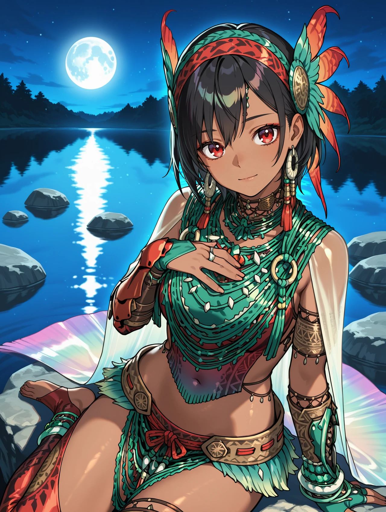 uth duna armor,solo,dark-skinned female,covered navel,red eyes,black hair,barefoot,short hair,looking at viewer,1girl,orange feather headdress,orange halterneck,orange asymmetrical gloves,green loincloth,orange toeless legwear,see-through waist cape,see-through long sleeves,tribal earrings,lake,head tilt,light smile,night sky,moon,light rays,reflection,upper body,closed eyes,reaching towards viewer,from above,sitting, hand on own chest, rock, sitting_on_rock
masterpiece,best quality,amazing quality,very aesthetic,absurdres,newest,<lora:Uth Duna Armor illuXL v1.4:0.77>,<lora:wai-2Rectified-V140:0.7>,