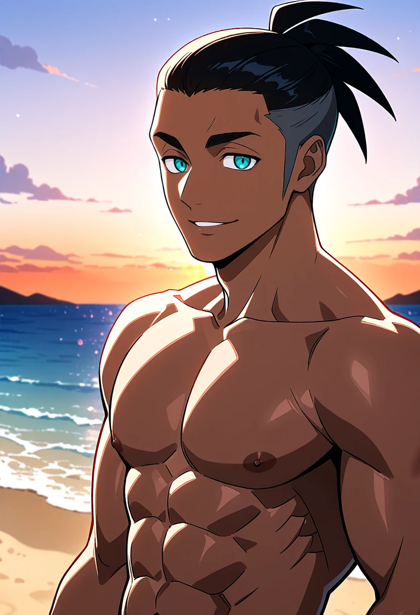 masterpiece, general,absurdres,newest,perfect quality, best quality, absolutely eye-catching, ambient occlusion, raytracing, RaihanPKMN, RaihanHatless, 1boy, no_headwear, spiked_hair, black_hair, short_hair, dark-skinned_male, aqua_eyes, portrait, anime screenshot, <lora:Raihan:1>, looking at viewer, topless male, beach, abs, sunset, looking at viewer,