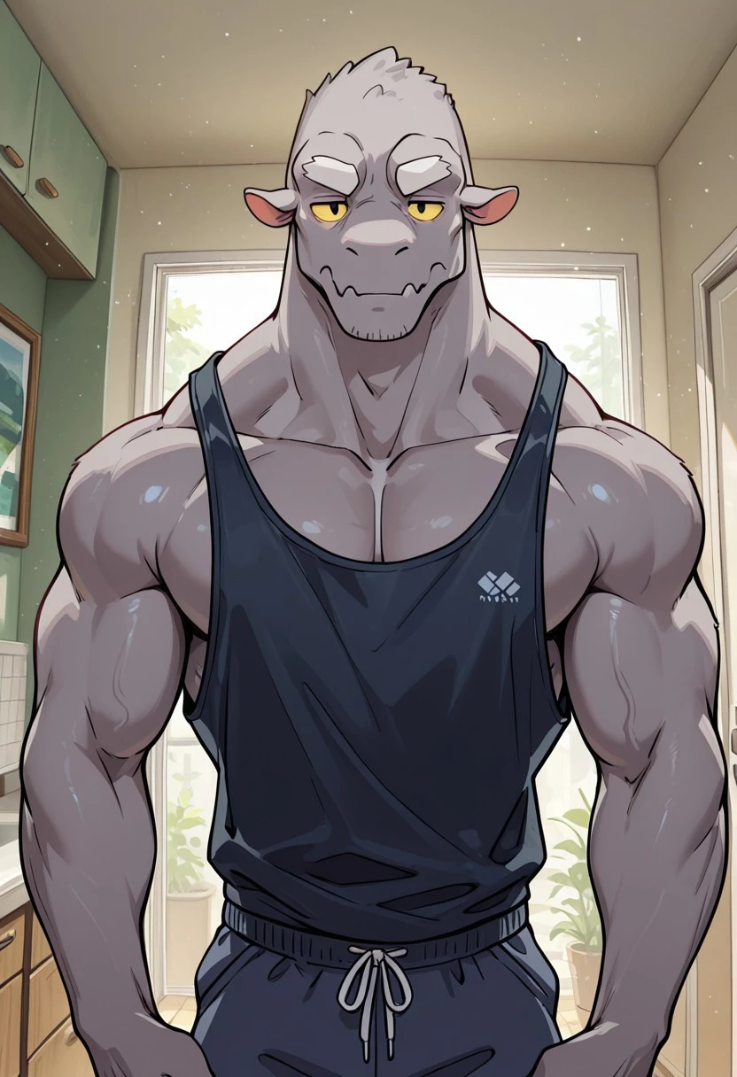 masterpiece, best quality, amazing quality, very aesthetic, absurdres, newest, high quality, detailed, male, solo male, Leeds, 1boy, mature male, male, athletic build, anthro, monster, grey skin, white eyebrows, animal ears, black eyes, yellow sclera, broad shoulders, tank top, indoors, apartment, looking at viewer, standing, close up, bust shot, focus on face,