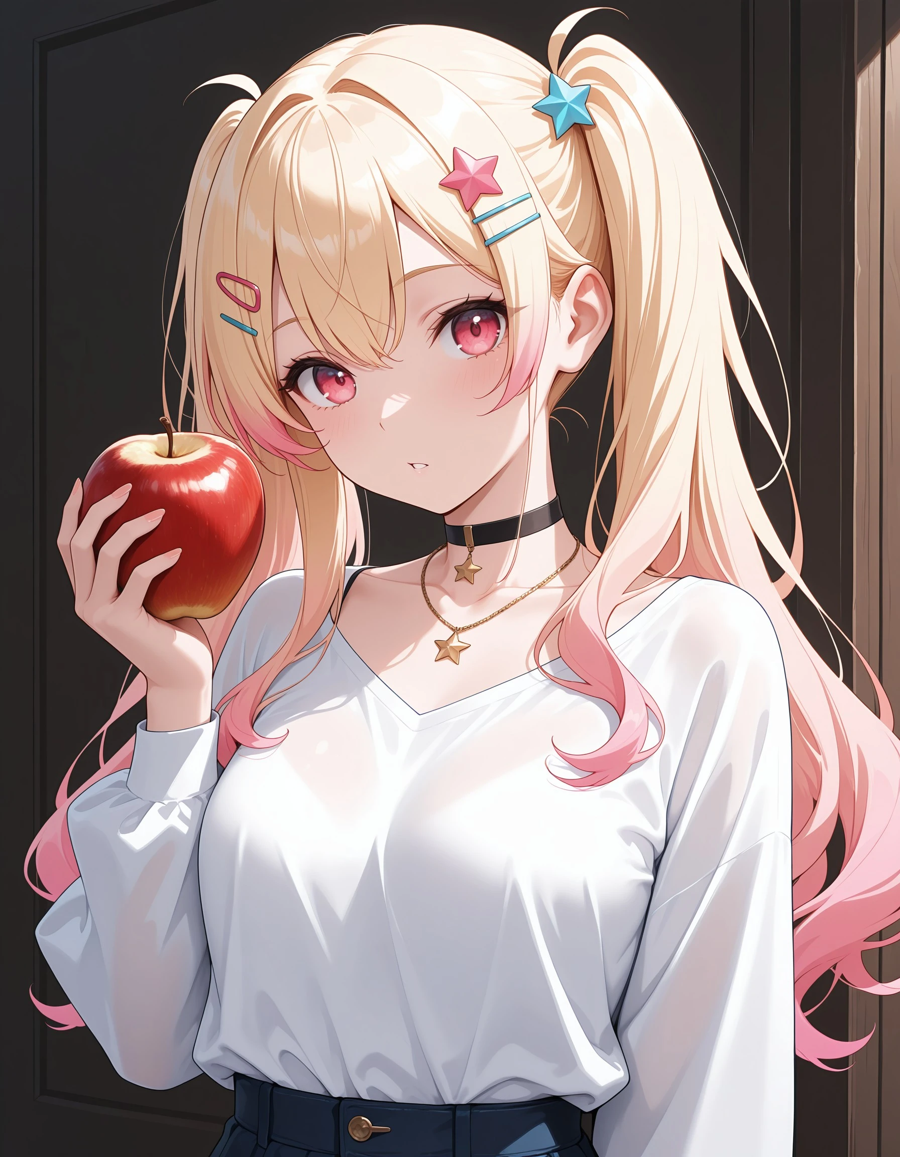 (masterpiece:1.4), (best quality:1.4), (ultra-detailed:1.3), (very aesthetic:1.3), (absurdres:1.4), (perfect anatomy:1.3), looking at viewer, multicolored hair, gradient hair, red eyes, pink eyes, pink hair, blonde hair, long hair, tenmasaki, short twintails, apple, food, twintails, fruit, hair ornament, holding food, holding fruit, holding, choker, star hair ornament, black choker, looking at viewer, colored tips, necklace, star (symbol), jewelry, parted lips, long sleeves, shirt, hairclip, collarbone, <lora:fd56708f-1d33-410a-b465-8778107d35f9:0.7>