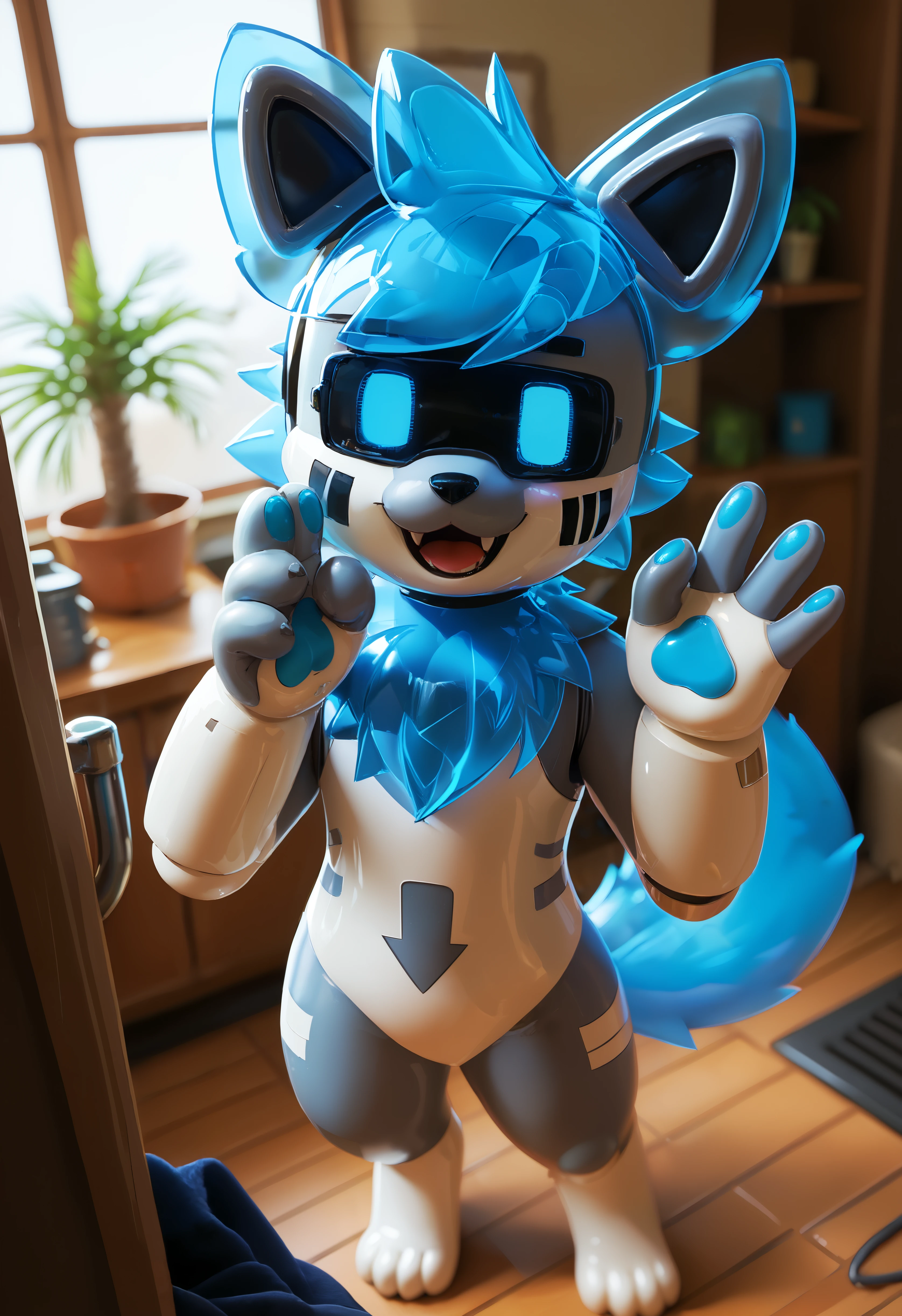 score_9, score_8_up, score_7_up, source_furry, high quality, hires, furry, anthro, looking at viewer, barefoot, adult, dutch angle, robot, pr0t0type, changed, solo, furry, tail, looking at viewer, open mouth, smile, standing, hand up, (upper body:1.15), fangs, waving, selfie, tail, ^_^, metal body, blue hair, indoor, pipes, displays, valves, ventilation, metall floor, hand on head, (shows palm:1.15), upper body <lora:Prototype_Changed_Pony:0.7>