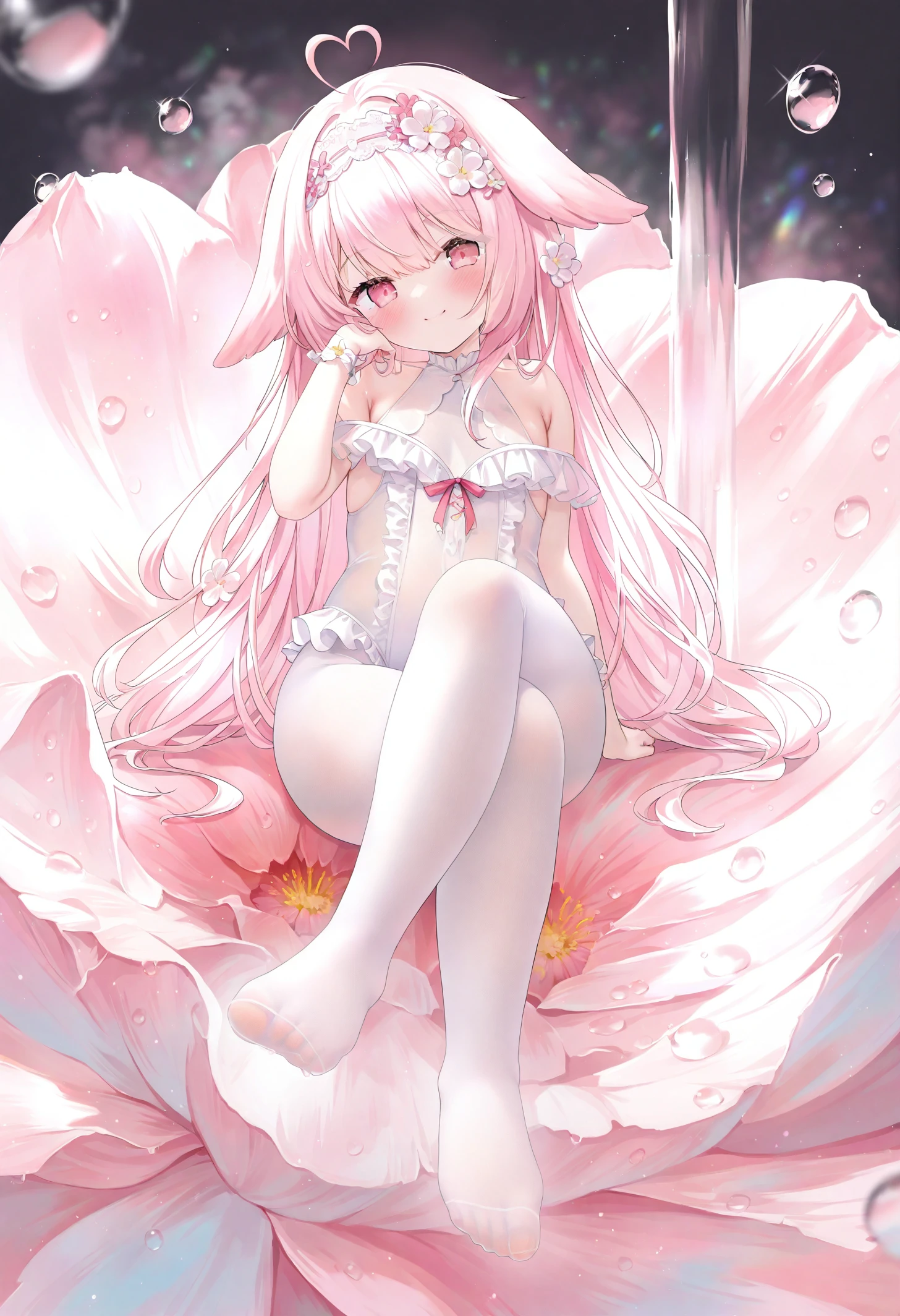 (High resolution), (32k), (very very detailed), (best illustrations), (beautiful and delicate eyes), (highest quality), (Super detailed), (masterpiece), (A detailed and delicate face), alone，Highly detailed face and skin texture，fine eyes，spread your legs、very shy、blush、spread your legs，advanced details,(dynamic pose)，1 female, long hair , long legs、open crotch、 (camel toe)，(((big )))、Exposing genitals without wearing pants，protruding pussy ，cocked ass，I grew up sexy、(((Sheer Bunny Girl)))、best style、pink nipples、Transparent pink nipples、(A flower decoration on the head)、Beautiful woman、pink sky、pink clouds、pink flowers、 Pink hot spring、pink water all over、pink light、pink sky間