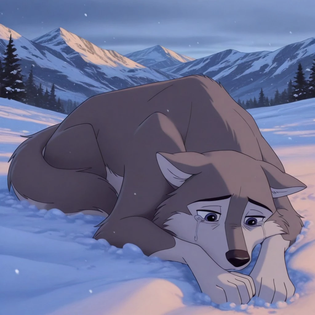 score_9, score_8_up, score_7_up, source_furry, Dustyblto, husky, solo, feral, full body, sad, tears, head down, lying on stomach, lying in snow, snowing, mountains, Alaska location, masterpiece, best quality, amazing quality, absurdres, newest, high res, ultra detailed, best quality, best artwork, detailed eyes, (eyes focus), perfect eyes, big iris, pupils visible, 4k, ultra quality, perfect face