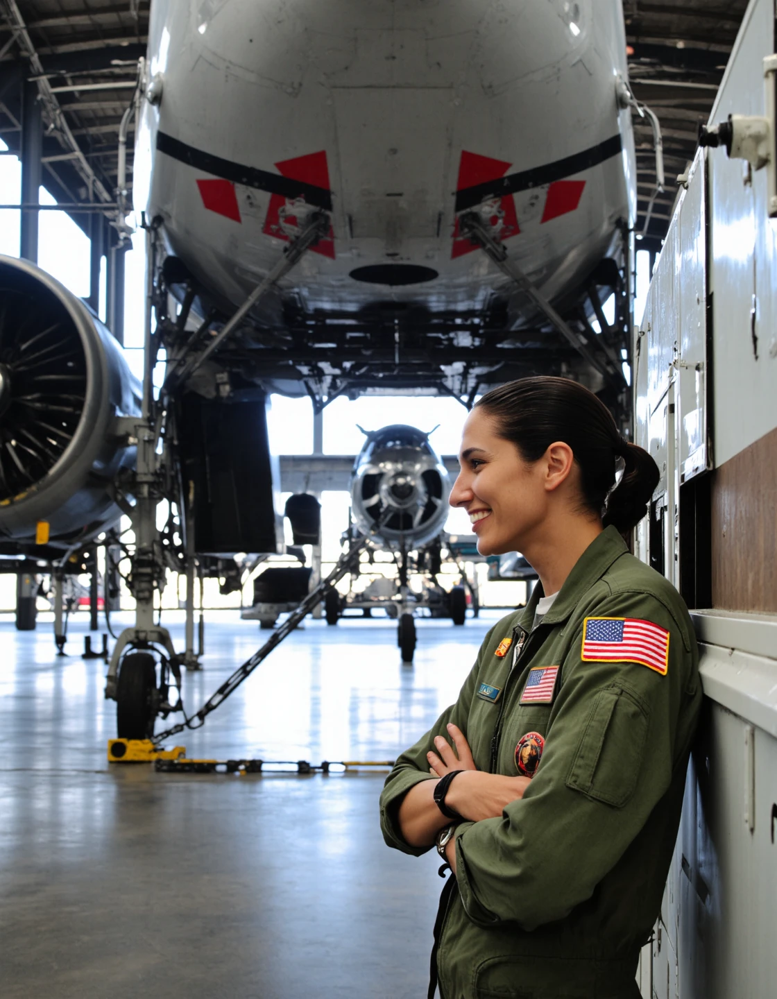In a large, brightly lit hangar, a female astronaut leans casually against a parked aircraft. She’s wearing a green military-style flight suit with a subdued patch on one arm and a name tag. Her arms are crossed, and she’s smiling at someone off-camera. The concrete floor and towering aircraft behind her frame the scene in clean symmetry. Her olive skin and dark hair gleam under the overhead lights, a casual moment in a structured world.
(activation: photorealistic, hangar, military pilot suit, casual stance, cinematic realism)