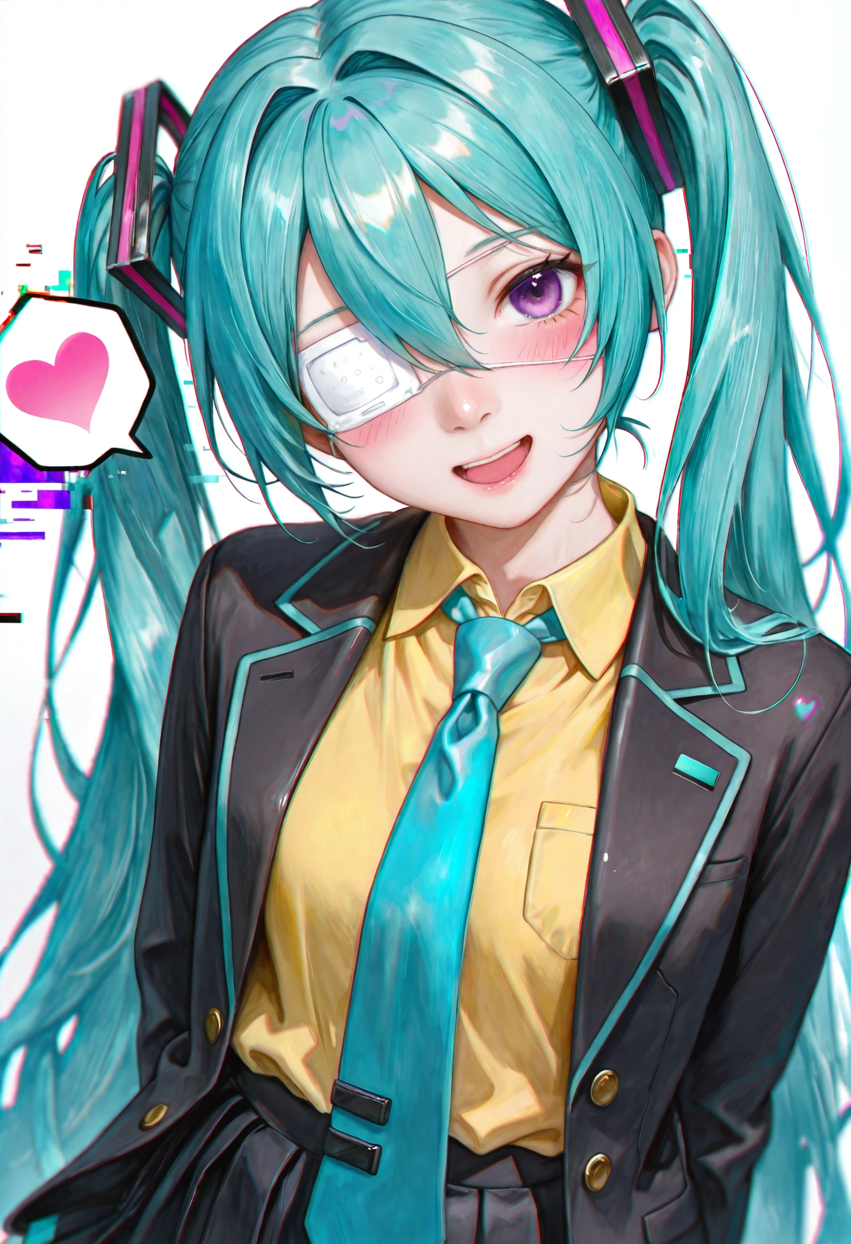 <lora:5p257uY55m95pyI5YWJ-illustriousXL_v01_V4-CAME-000035>, 5p2/57, realistic, hatsune miku, 1girl, eyepatch, heart, necktie, twintails, solo, shirt, skirt, long hair, open mouth, blush, jacket, collared shirt, chromatic aberration, looking at viewer, spoken heart, smile, blue necktie, white shirt, pleated skirt, hair intakes, black jacket, black skirt, hair between eyes, blazer, school uniform, medical eyepatch, open jacket, purple necktie, glitch, purple eyes, head tilt, aqua hair, yellow shirt, one eye covered