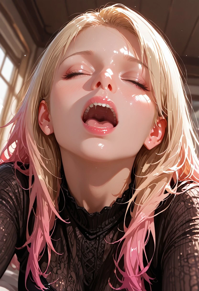 Best quality, masterpiece, ultra high res, (photorealistic:1.4), ((portrait)) ,raw photo, whole body, blonde hair, long hair, wavy hair, ((red eyes)) , (nipple outline), soaked skin, dramatic lighting, (((ahegao expression))), (eyes rolled back), (crying), blushing cheeks, (((sweating))), (tongue out), ((euphoria)), ((open mouth smile)), (screaming), ((choking)), ((strangulation)), ((torn clothes)),