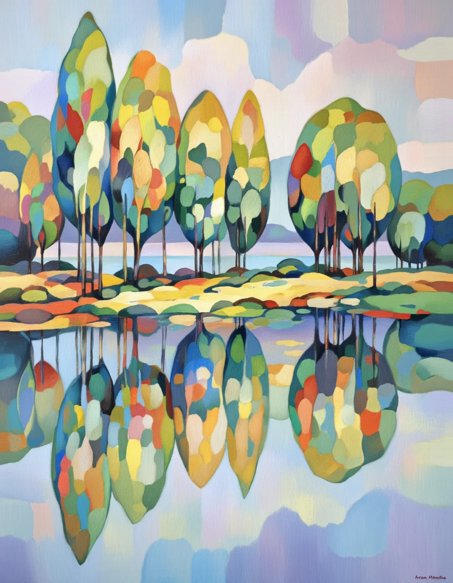 Art by Aram Hakobian. A large, abstract painting of a serene landscape featuring a group of colorful, stylized trees reflected in a calm, still lake. the trees are arranged in a row, with the water reflecting the vibrant colors of the sky and the surrounding landscape. the painting is done in a realistic style with a focus on texture and depth, creating a sense of serenity and tranquility. the background features a soft, pastel sky with hints of blue and purple, adding to the serene atmosphere of the scene. in the bottom right corner of the image, a signature can be seen, adding a personal touch to the artwork.