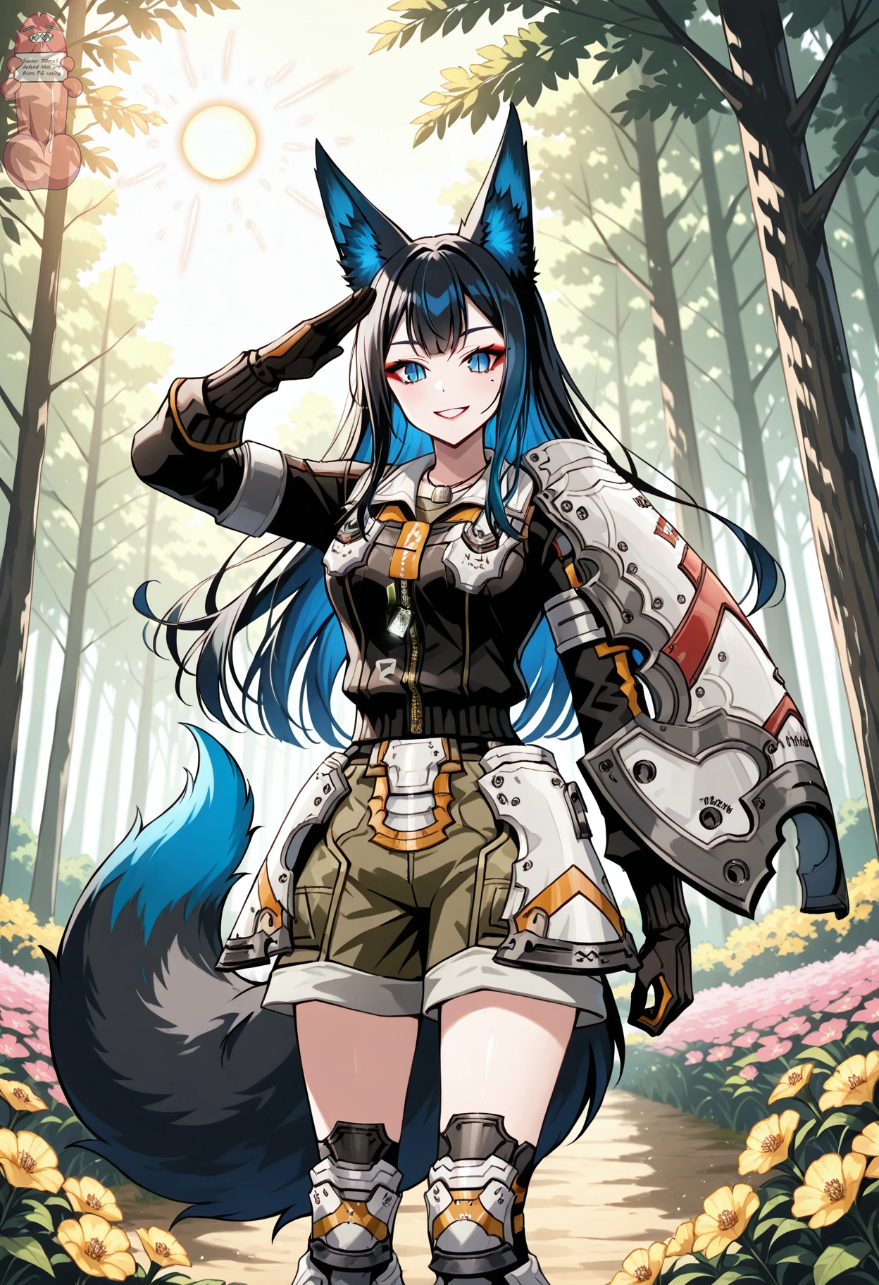 Masterpiece, 1girl, animal ears, (blue fox ears), animal tail, (blue fox tail), perfect face, perfect body, perfect breasts, long hair, ponytail hair, blue hair, grey leotard, ((transparent, see-through)), ((groin)), pauldrons, shoulder pads, knee boots, silver armored boots, silver armored gauntlet, gloves, black gloves, full gloves, standing, tail, yellow eyes, looking at viewer, facing viewer, smile, meadow, day, blue sky, full body, full view, Genshin Impact style
