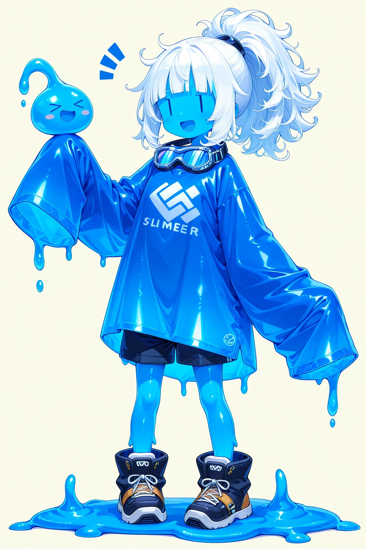 score_9, score_8_up, score_7_up, score_6_up, score_5_up, score_4_up, source_anime, slime girl, purple and cyan gradient skin, translucent yellow (raincoat:1.1), hands behind back, tilted forward, playful, happy, wet, outside, rural town, heavy rain, (raining:1.1), wind, cowboy shot, humanoid, solo, detailed, beautiful