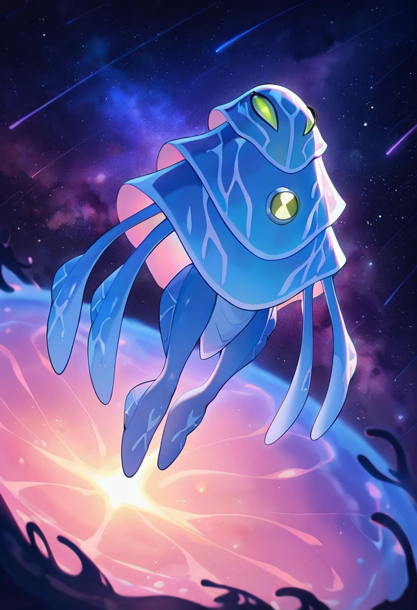 masterpiece, best quality, amazing quality, very aesthetic, absurdres, newest,, detailed background,
ampfibian, full body, pokemon (creature), no humans, colored sclera, green eyes, blue skin, tentacles, extra eyes, colored skin, squid, jellyfish, no mouth,
in space, hyperspace, stretchy limbs, stars, shooting stars,