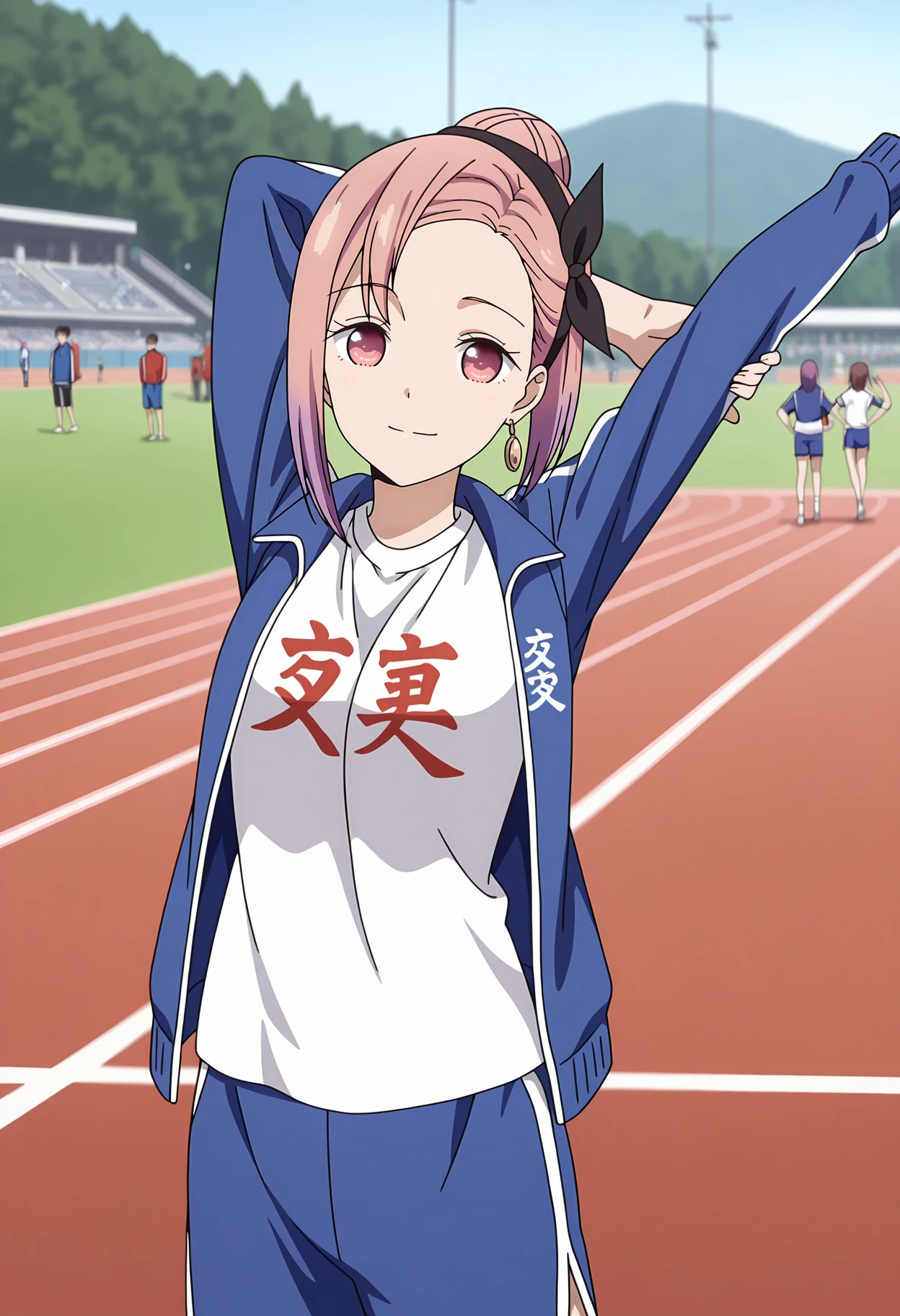 anime screencap, masterpiece, best quality,
<lora:Kaguya-samaWaKokurasetai_KoyasuTsubame_IlluXL:0.9>,
1girl, people, closed mouth, light smile,
asymmetrical hair, single hair bun, short hair, multicolored hair, pink hair, purple hair, pink eyes, no pupils, bow hairband, black bow, single earring,
track jacket, open jacket, blue jacket, print shirt, clothes writing, white shirt, gym shorts, blue shorts,
stretching, looking at viewer, cowboy shot,
track and field, photo background, blurry background