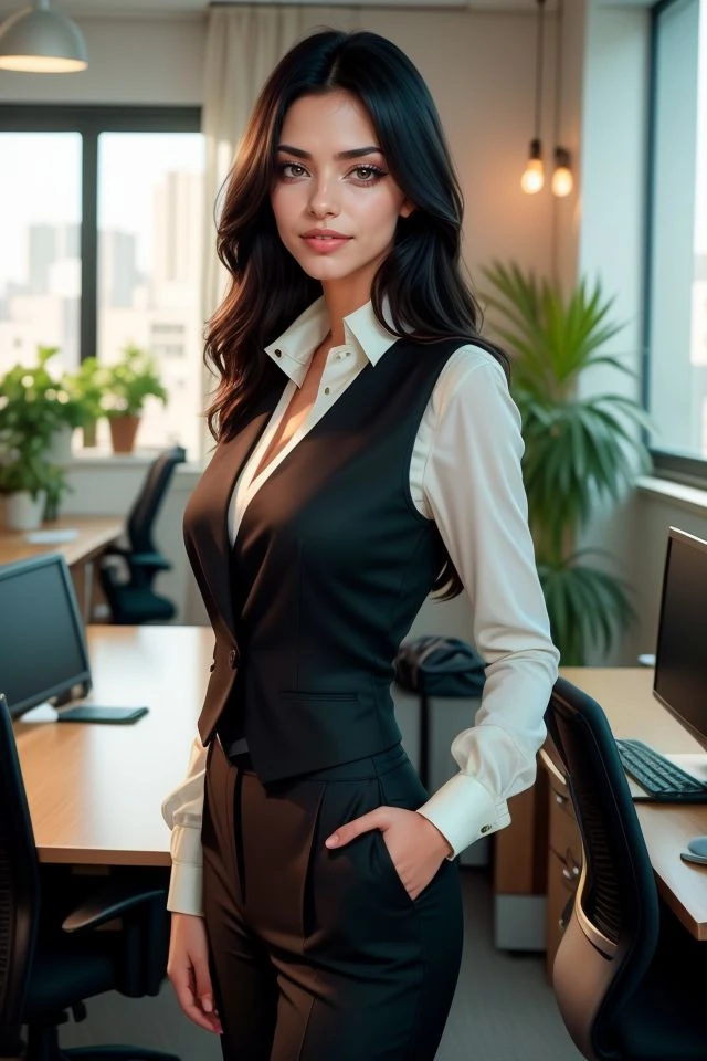 cinematic photo consistent, ultra-realistic photo, a beautiful Brazilian woman, 20 years old, delicate frame, fair skin, black hair, wearing a precision-tailored black wool vest with a pointed hem, paired with a luxurious ivory silk crepe blouse featuring a subtle cowl neck and delicate gather detail at the shoulder, and impeccably cut charcoal grey trousers in fine gabardine, bright and airy office setting, cheerful,dxesigfl <lora:grife:0.8> . 35mm photograph, film, bokeh, professional, 4k, highly detailed