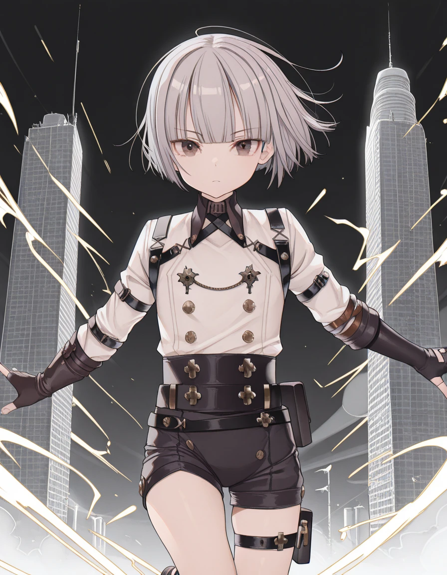 masterpiece, best quality, amazing quality,, <lora:towatsugai-suzume-illustriousxl-lora-nochekaiser:1>, suzume, short hair, bangs, brown eyes, grey hair, androgynous,, shirt, gloves, long sleeves, white shirt, shorts, black gloves, collared shirt, belt, fingerless gloves, thigh strap, black shorts, single glove, <lora:dynamic-pose-illustriousxl-lora-nochekaiser:1>, dynamic pose, jumping, cowboy shot, nuclear powerplant, radiation, cooling_towers, danger, energy, cowboy shot, solo, looking at viewer