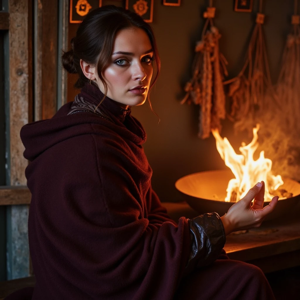 analog film photo Ultra quality, ultra detailed colors and textures, ultra realistic, ultra lighting, cinematic, ethereal atmosphere, ethereal woman, analog photography, analog photo <lora:mysticgoddessv2.10:0.8> mgdssv2,analog 3/4 portrait of a woman in a deep burgundy cloak wrapped tightly around her shoulders, seated beside a flickering brazier indoors, fire casting moving orange shadows across her cheek and collarbone, expression calm and resolved, strands of chestnut hair tucked behind one ear, eyes reflecting the flame, soft-focus background with arcane symbols and dried herbs hanging, shot on Contax 645 with Cinestill 800T, analog glow and spiritual depth, RAW candid cinema, 16mm, color graded portra 400 film, remarkable color, ultra realistic, textured skin, remarkable detailed pupils, realistic dull skin noise, visible skin detail, skin fuzz, dry skin, shot with cinematic camera . faded film, desaturated, 35mm photo, grainy, vignette, vintage, Kodachrome, Lomography, stained, highly detailed, found footage