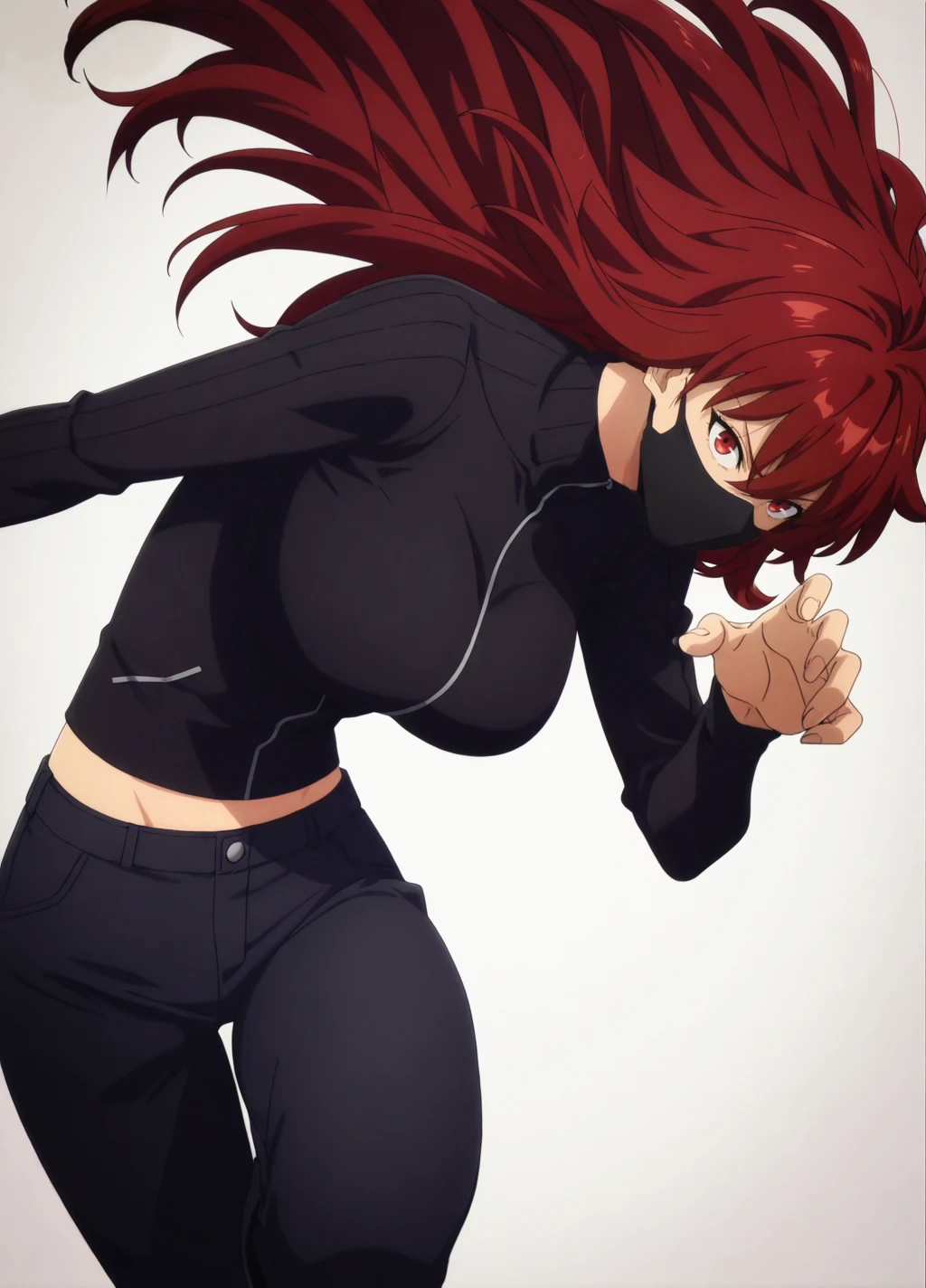 (simple background, white background),
anime screencap,anime coloring,
dynamic pose,head tilt, from side, jumping, fighting stance,
(masterpiece, best quality:1.2),
looking at viewer, glaring,
<lora:Baek_Miho:0.8>, miho1, 1girl, solo, long hair, red hair, breasts, red eyes,large breasts, hair between eyes,
mouth mask,long sleeves,black turtleneck jacket,pants,long sleeves,
<lora:add-detail-xl:1>,