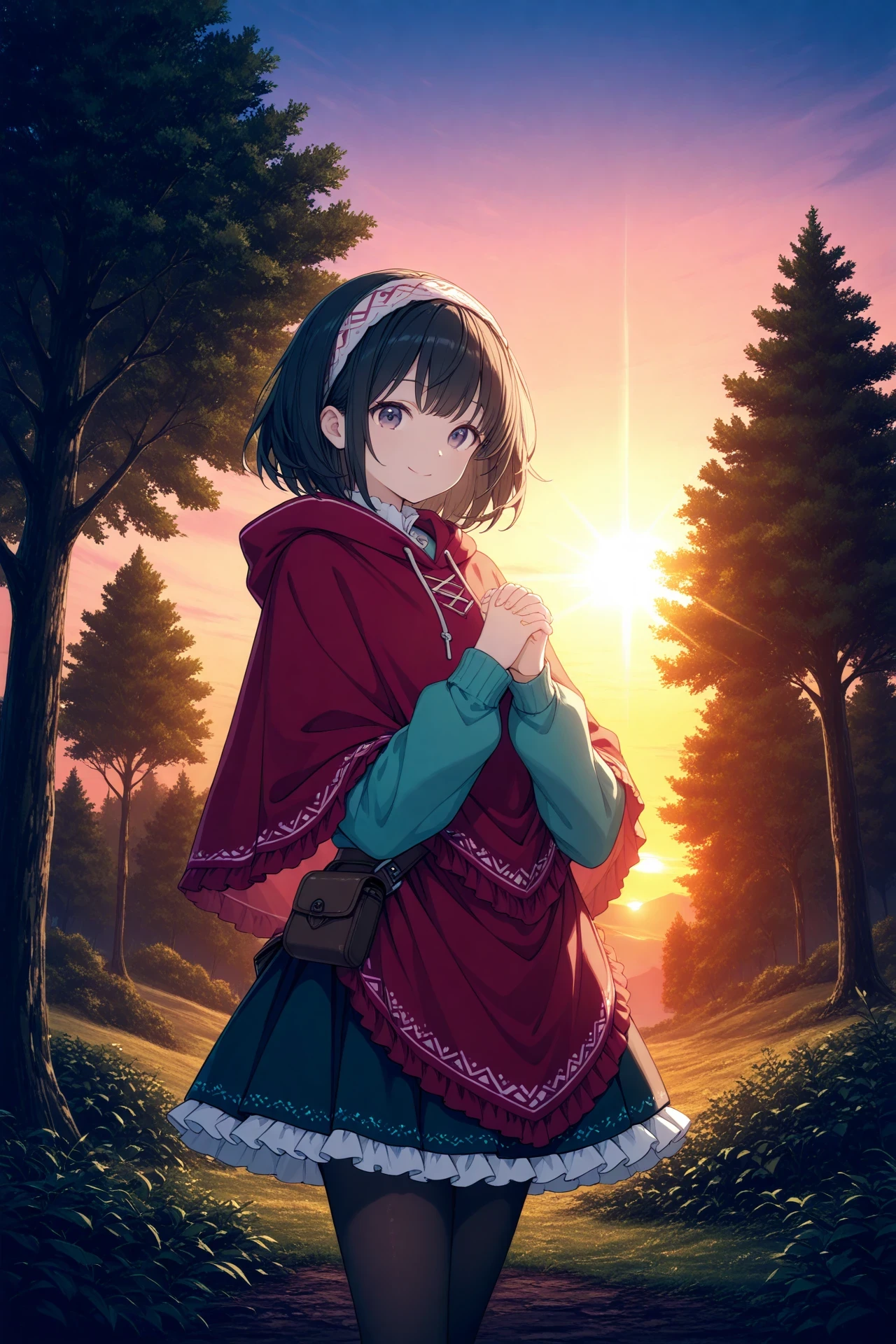 1girl, solo, scenery,
interlocked fingers, twilight, pantyhose, pouch, sunset, tree, outdoors, own hands together, frills, hoodie, poncho, hairband, smile, hood, sunlight,, masterpiece, best quality