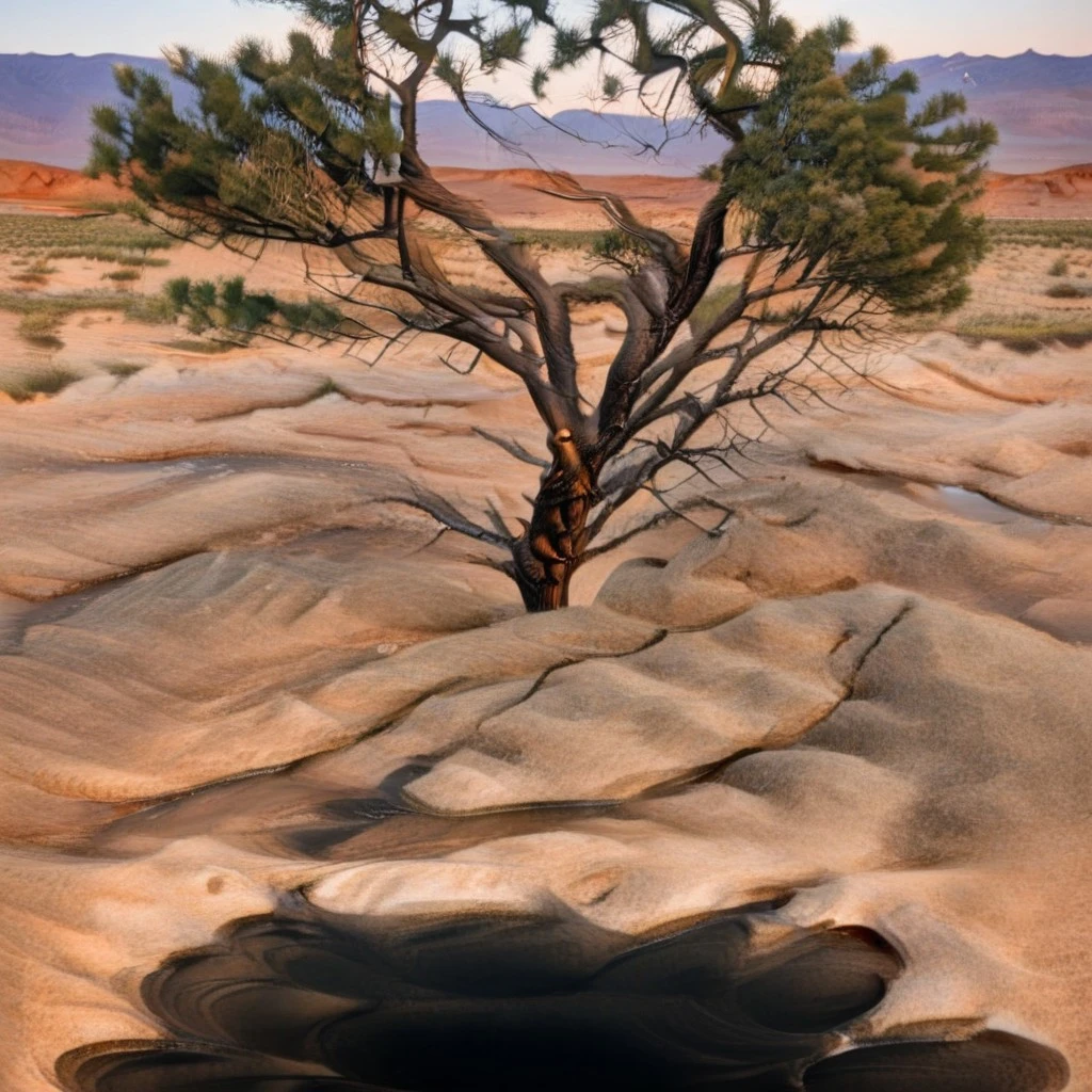 solo, tree, desert, no humans, bare tree, water, outdoors, road, nature, tree, landscape, detailed