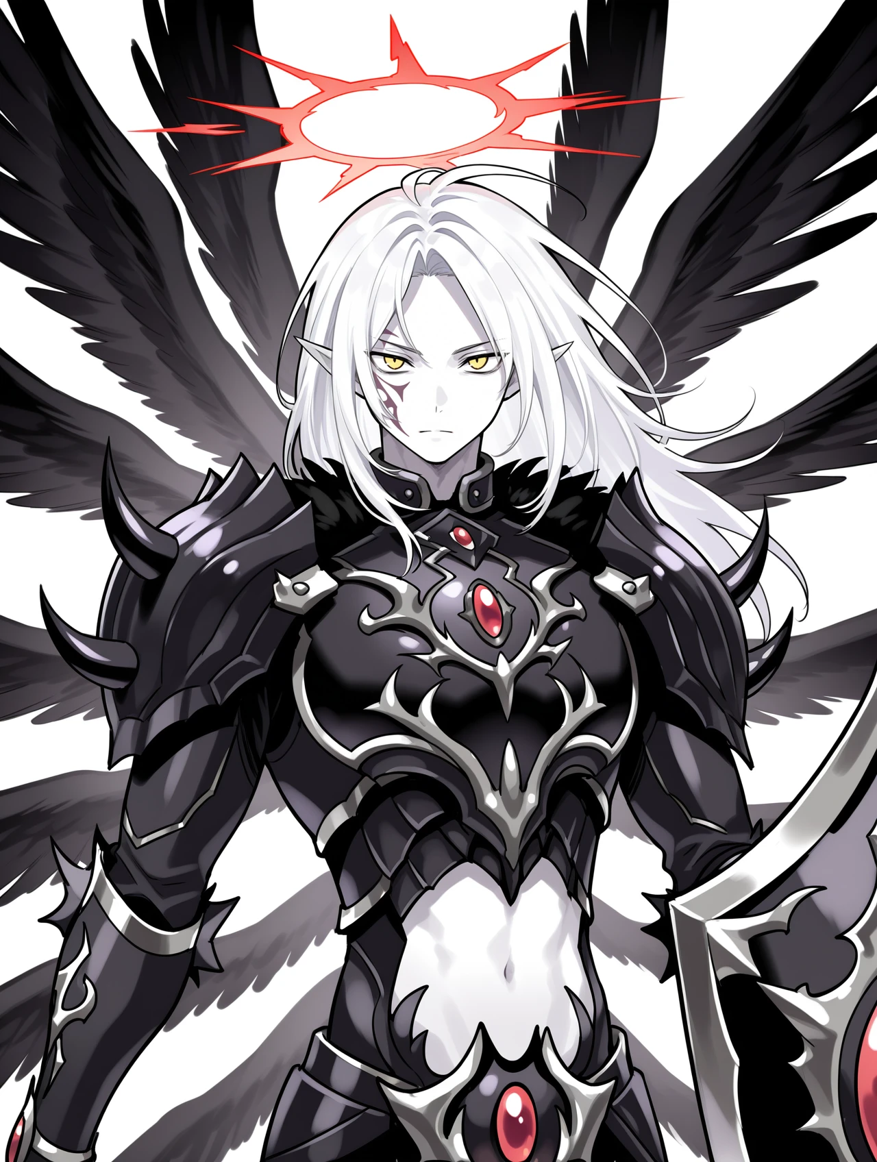 1boy,male focus,the first darklord,solo,white background,looking at viewer,simple background,black shield,holding black shield,closed mouth,red halo,white skin,facial tattoo,navel,upper body,midriff,sketch,angel,black angel wings,black armor,black breastplate,black pauldrons,black vambraces,multiple wings,dark theme,
masterpiece,best quality,amazing quality,very aesthetic,absurdres,newest,<lora:The first DarkLord illusXL v1:0.77>,<lora:wai-2Rectified-V140:0.7>,