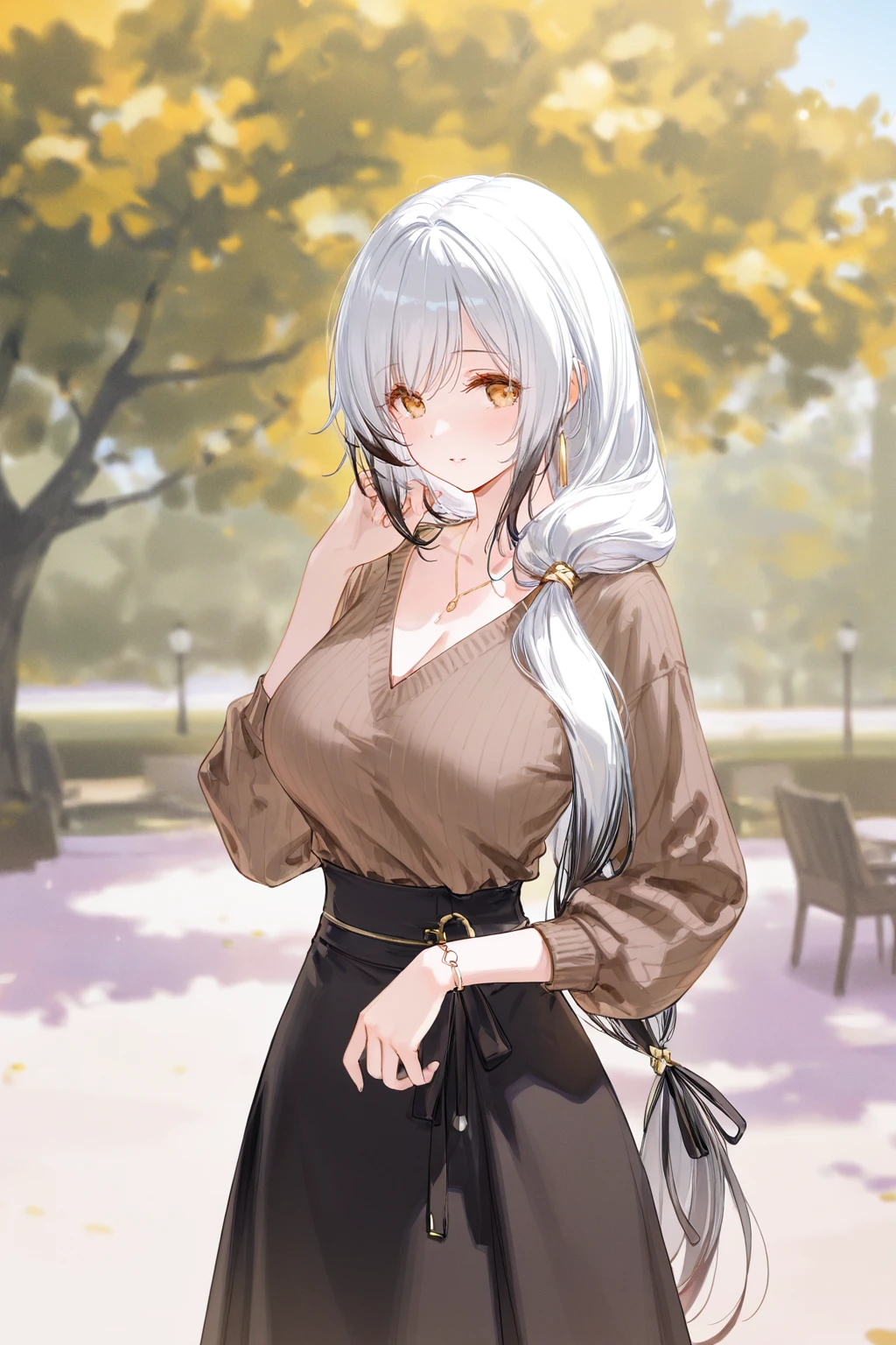 highres,extremely detailed 8k wallpaper,illustration,depth of field,great quality,masterpiece,best quality,amazing quality,very aesthetic,absurdres,detail eyes,
[artist:ningen_mame],{artist:tekito_midori,artist:ciloranko,artist:wanke,},artist:ke-ta,[artist:hiten(hitenkei)],year 2023,
curvy,(narrow waist:1.1),Hai Tien (azur lane),1girl,white hair,yellow eyes,multicolored hair,mature female,milf,hair over shoulder,low-tied long hair,outdoors,park,cowboy shot,brown sweater,V-neck,high-waisted skirt,<lora:Hai Tien (azur lane):0.6>,