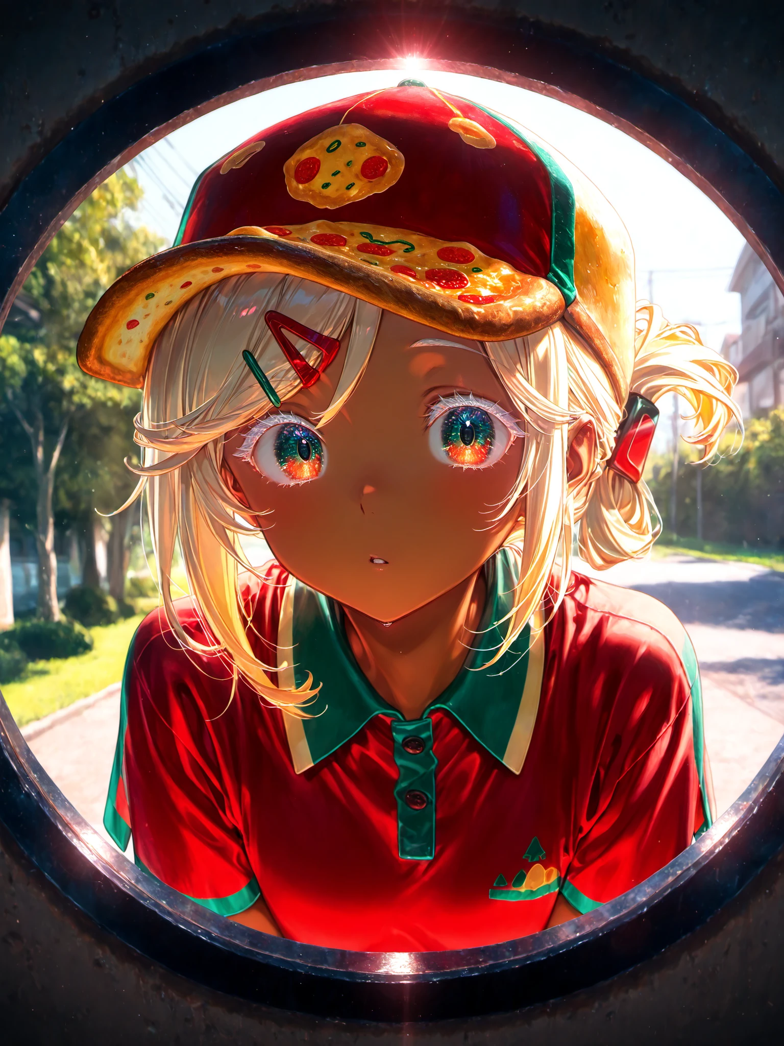 <lora:PizzaCR2XL:1>, PCo_CR, 1girl, dark skin, red two-tone collared shirt, medium hair, pizza hat, hairclip, short sleeves, polo shirt, folded ponytail, two-tone eyes, pov peephole, outdoors,
siiqa vivi, shuri (84k) <lora:spo_sdxl_10ep_4k-data_lora_webui:0.5><lora:cfg_scale_boost:0.9> bored, dark-skinned female, face, eye focus, white eyelashes, day
masterpiece, best quality, amazing quality, very aesthetic, absurdres, newest, soft lighting, lazypos, sunlight,
