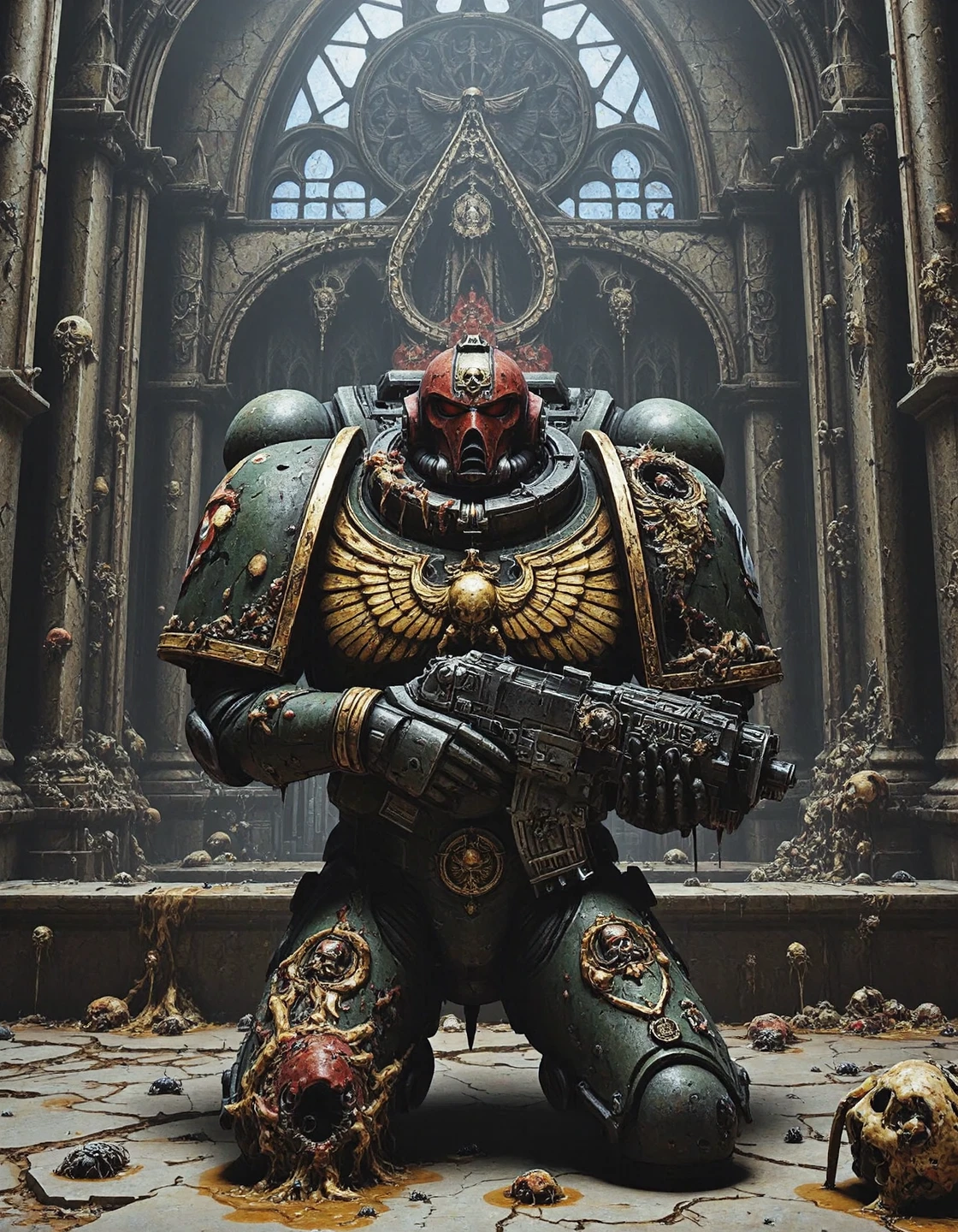 A hulking Space Marine kneels in a decaying cathedral overtaken by rot. His olive-green power armor is cracked and split, alive with slick, fibrous veins pulsing through exposed seams. Glossy maggots crawl through holes where purity seals once hung. His pauldron vents exhale clouds of wet fungal spores. The chapel itself lives: pillars writhe with vine-like mold, and hanging icons drip with yellow ichor. The broken altar pulses like a heart, its surface coated in lichen and gurgling pustules. Insects buzz from pools of fetid water collecting in the cracked marble floor. Despite the corruption, the Marine's stance is reverent — head bowed beneath a flickering stained glass window, now darkened with fungus and smoke.
(tags: photorealism, corrupted cathedral, living armor, plague fungi, hyperreal decay)