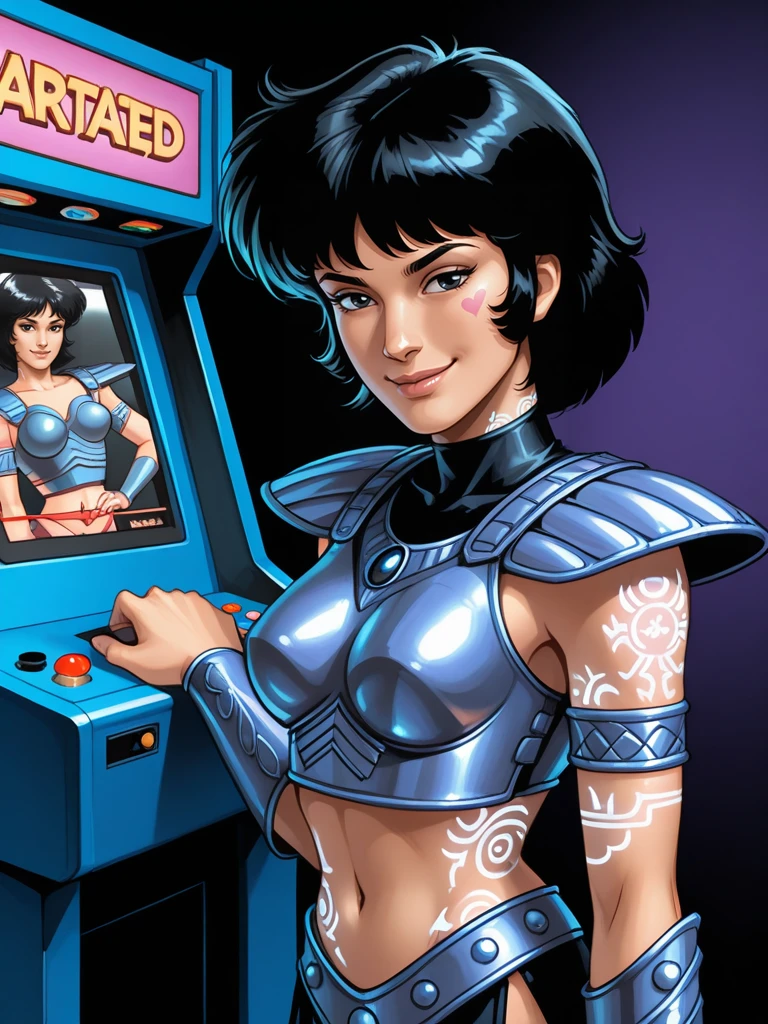 <lora:Lilith__Exalted:0.7>
lilithexalted,,short hair, black hair,black eyes,,armlet,,armor, midriff,,tattoo
solo in a 1980s arcade, video arcade machine, smiling, flirting, looking at viewer