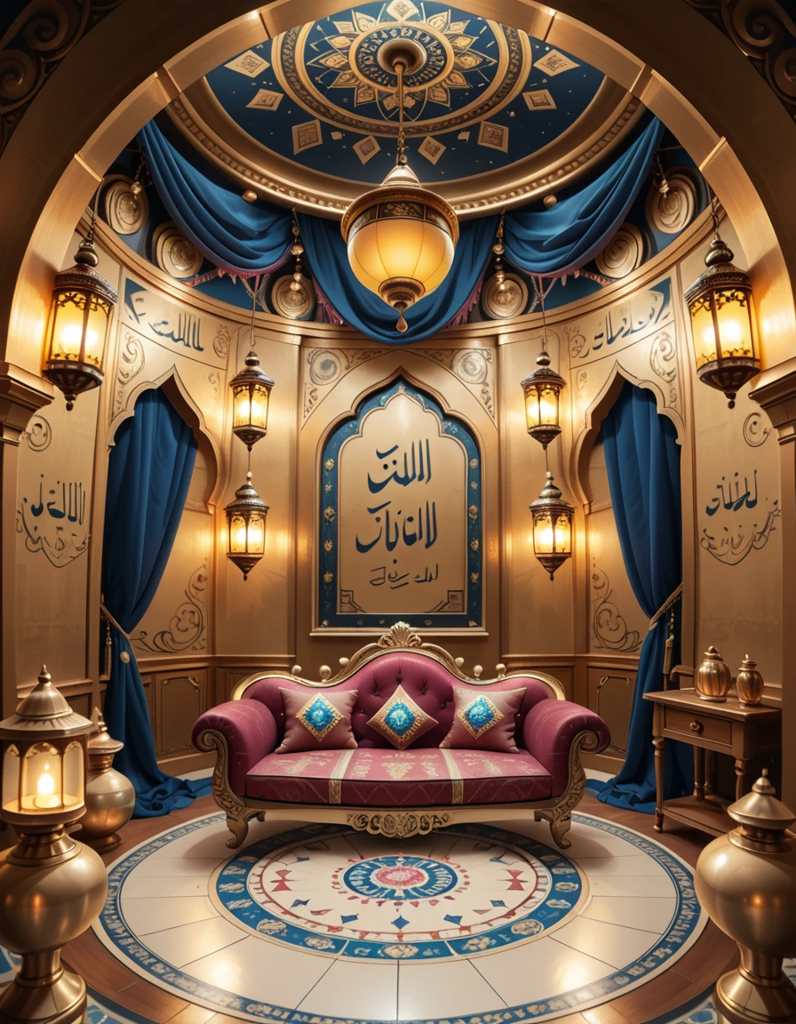The interior of a genieâs lamp, imagined as a luxurious, mystical chamber with ornate Arabian decor. The space is curved and enclosed, with golden walls engraved with swirling patterns and ancient calligraphy. Rich fabrics in deep reds and purples drape from the ceiling and line the walls. A low, jewel-encrusted divan with embroidered cushions sits at the center on a circular mosaic floor. Hanging lanterns cast a warm, magical glow, reflecting off the golden surfaces. Incense burners rest in the corners, and the air seems to shimmer with enchantment. No characters are present.genie lamp 1nt3r10r, <lora:genie_lamp_1nt3r10r-p:1>,score_9, score_8_up, score_7_up,amazing quality, ultra realistic, 3D, HD, best quality, amazing quality, very aesthetic, absurdres,