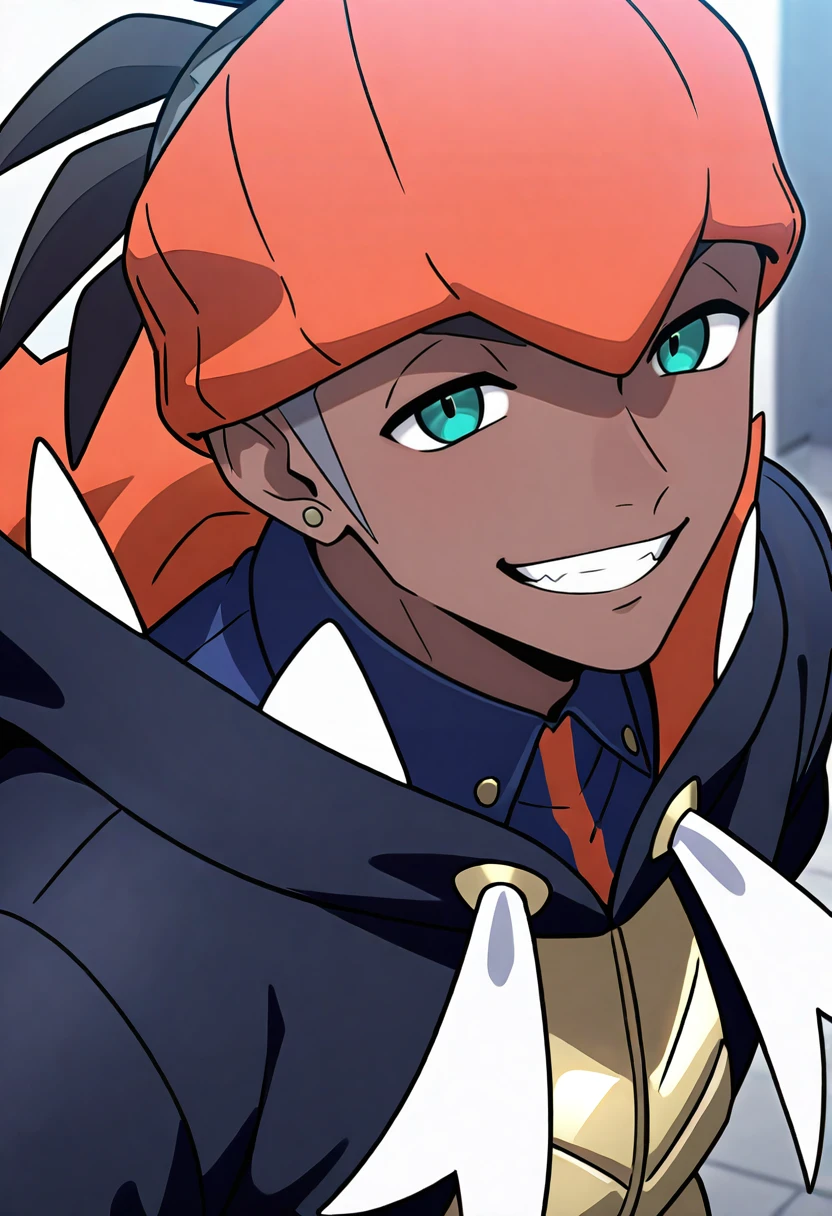 masterpiece, general,absurdres,newest,perfect quality, best quality, absolutely eye-catching, ambient occlusion, raytracing, RaihanPKMN, RaihanSWSH, 1boy, orange_headwear, spiked_hair, black_hair, short_hair, dark-skinned_male, aqua_eyes, stud_earrings, navy_hoodie, portrait, navy_collared_shirt_orange_stripe, grin, teeth, anime screenshot, <lora:Raihan:1>, looking at viewer,