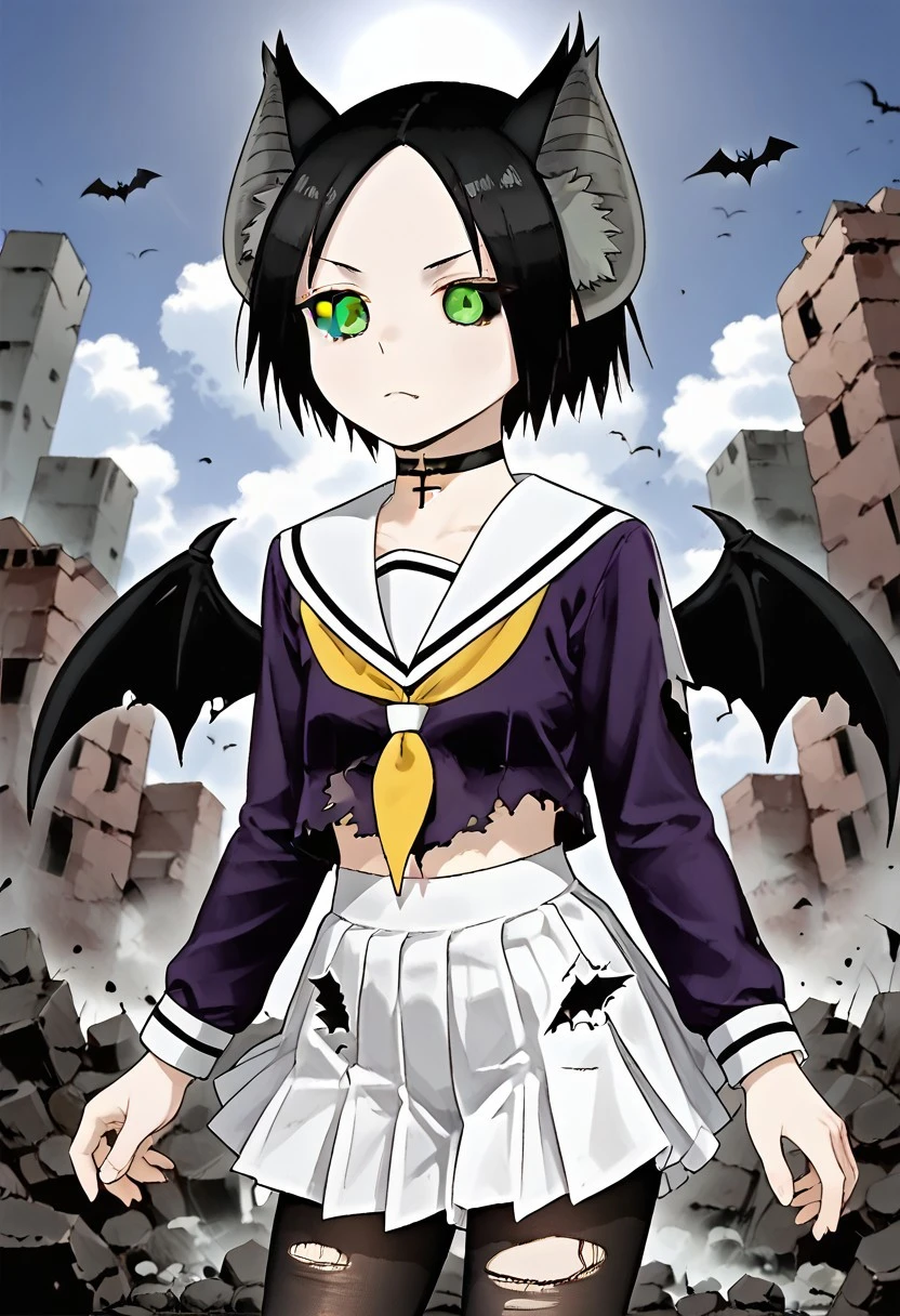 Score 9, Score 8, Score 7, Score 6, Score 5, Score 4, 1 girl, Solo, Original anime, Chii Suimori, Bat, Short hair, Black hair, Bat ears, Ear fluff, Bald forehead, Flat chest, (Black sclera: 1.2) (Green eyes 1.2),
skirt, school uniform, pleated skirt, serafuku, white skirt, shirt, purple shirt, sailor collar, white sailor collar, long sleeves, handkerchief, yellow handkerchief, long pantyhose, black pantyhose, choker with cross, (Torn clothing: 1.2)
Flying, Spread bat wings, Smirk, Shining eyes, Empty stare, Serious eyes, Open eyes, Twinkle in eyes, Destroyed city, Rubble, Ruined buildings, Desolate landscape, Dark sky, Green fire