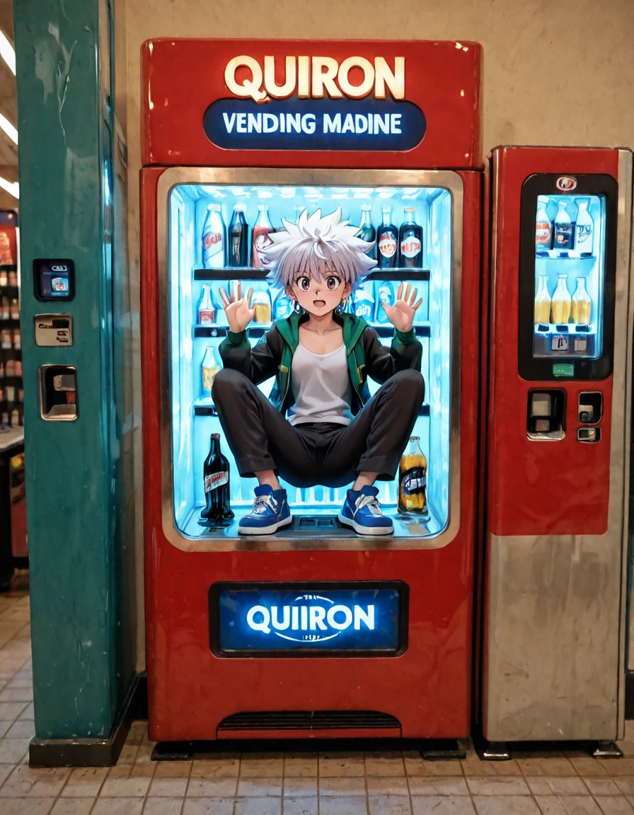 anime artwork masterpiece, best quality, <lora:VendingMachineQuiron_illus:1> vendingMachineQuiron , trapped inside a earthy brown vending machine, The vending machine has "QUIRON" text at the top , stuck in object, stuck, public use, a mustard vending machine , beer, soda, soft drinks, glass of beer, beer bottle, wine bottle, vending_machine , trapped inside, pressed on glass, , solo, Killua Zoldyck (Hunter x Hunter): Killua wears a white tank top, baggy black pants, and blue sneakers. He has a silver hoop earring in his left ear and occasionally dons a green hoodie or black jacket. He carries a skateboard and often uses yo-yos as weapons., . anime style, key visual, vibrant, studio anime, highly detailed
