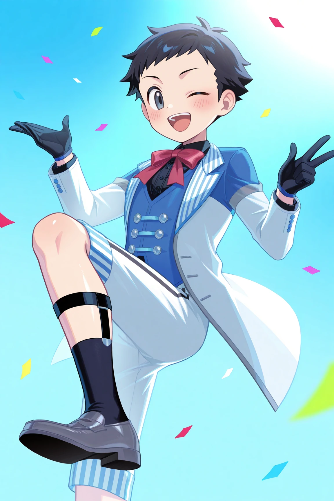 high resolution, ultra-detailed, absurdres, newest, scenery, depth of field, detailed background, very awa, shiny skin, volumetric lighting, intricately detailed illustration,
lucas_contest, black hair, grey eyes, formal, two-tone jacket, black shirt, red bowtie, blue vest, two-tone pants, black gloves, black socks, legwear garter, grey loafers,1boy, male focus, solo, one eye closed, smile, hands up, open mouth, blush, confetti, buttons, ;d, tongue, looking at viewer