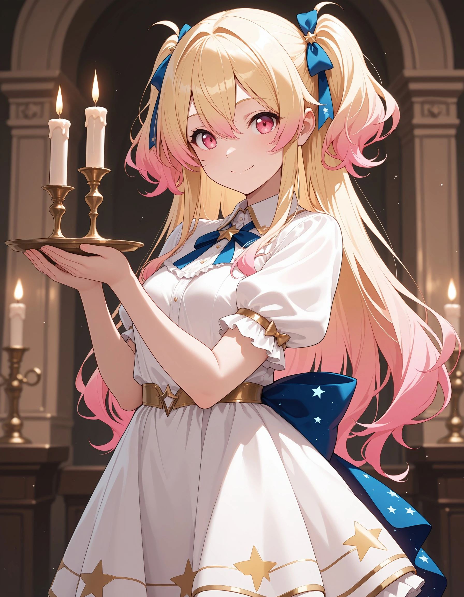 (masterpiece:1.4), (best quality:1.4), (ultra-detailed:1.3), (very aesthetic:1.3), (absurdres:1.4), (perfect anatomy:1.3), looking at viewer, multicolored hair, gradient hair, red eyes, pink eyes, pink hair, blonde hair, long hair, tenmasaki, short twintails, looking at viewer, smile, dress, bow, ribbon, holding, hair between eyes, closed mouth, standing, hair ribbon, short sleeves, hair bow, sidelocks, cowboy shot, frills, puffy sleeves, indoors, star (symbol), white dress, blurry, puffy short sleeves, hands up, sparkle, depth of field, blue ribbon, light particles, gold trim, collared dress, back bow, candle, star print, candlestand, candlelight, <lora:fd56708f-1d33-410a-b465-8778107d35f9:0.7>