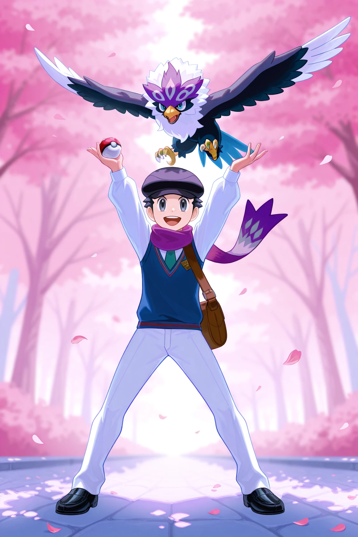 high resolution, ultra-detailed, absurdres, newest, scenery, depth of field, detailed background, very awa, shiny skin, volumetric lighting, intricately detailed illustration,
rei_aca, black hair, grey eyes, school uniform, black headwear, white shirt, blue sweater vest, purple scarf, white pants, black shoes, 1boy, male focus, open mouth, teeth, smile, tongue, pokemon (creature), :d, holding, upper teeth only, bag, petals, floating scarf, arms up, bird, hisuian braviary, green necktie, badge