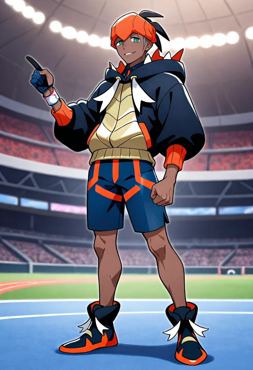 RaihanPKMN, RaihanSWSH, 1boy, orange_headwear, spiked_hair, black_hair, short_hair, dark-skinned_male, aqua_eyes, stud_earrings, navy_hoodie, navy_collared_shirt_orange_stripe, athletic_blue_shorts, navy_athletic_shoes_orange_trim_white_tassels_gold_buckle, (single_glove:1.3, blue_glove_on_right_hand:1.3, black_index_finger_on_right_glove:1.5, exposed_thumb_on_right_glove:1.5), bare_left_hand, dynamax band, full body, stadium, <lora:Raihan:1>, standing,