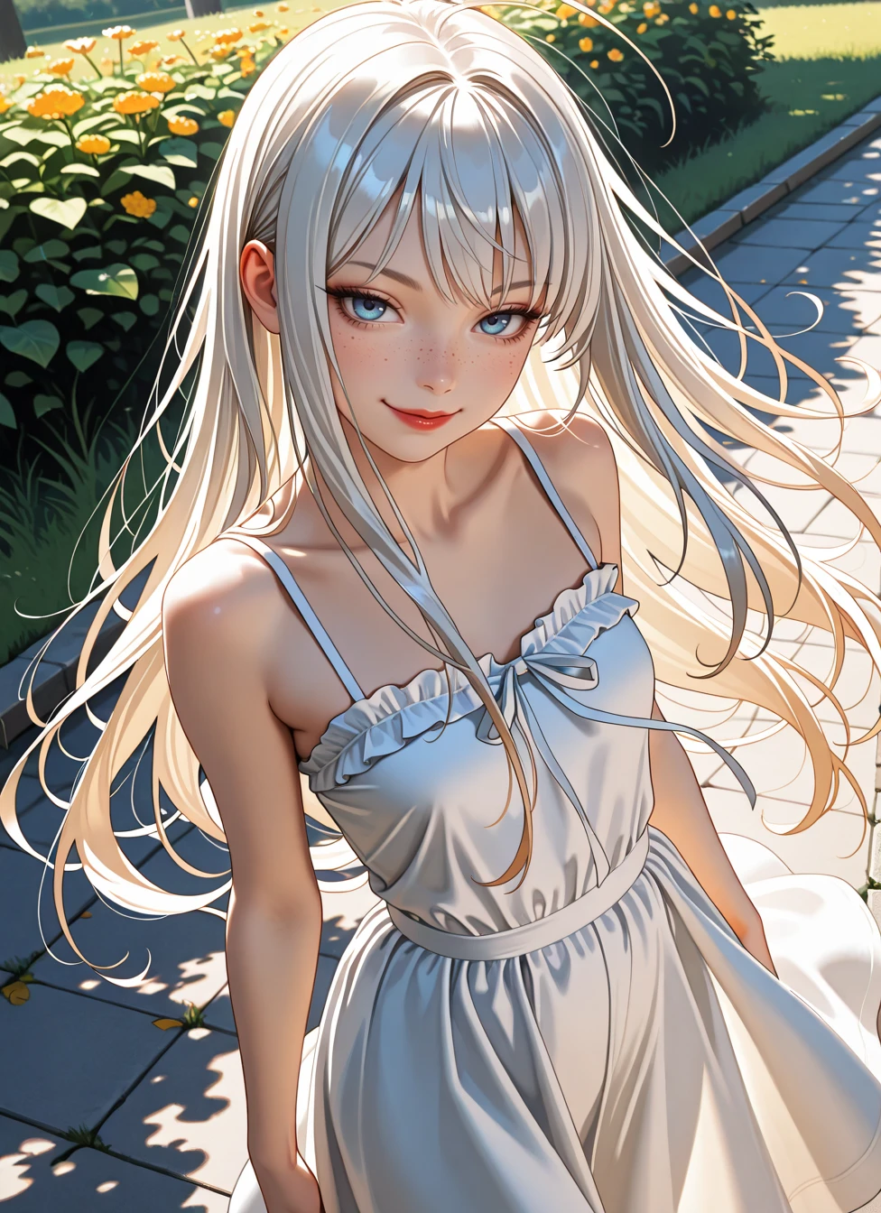 (realistic, photorealistic, realistic shading:1.21), (masterpiece, best quality, amazing quality:1.10), very aesthetic, ultra detailed, highly detailed, intricate details, absurdres, (volumetric lighting, HDR:1.10), (from above:0.8), (three-quarter view:1.21), (solo:1.21), cowboy shot, light from above, BREAK 1girl, white hair, very long hair, crimson lips, freckles, looking at viewer, seductive smile, smirk, dynamic pose, sundress, outdoors,, <BREAK> , masterpiece, best quality, absurdres, highres, very aesthetic, high quality, detailed, insanely detailed, beautiful, very awa, anime screencap