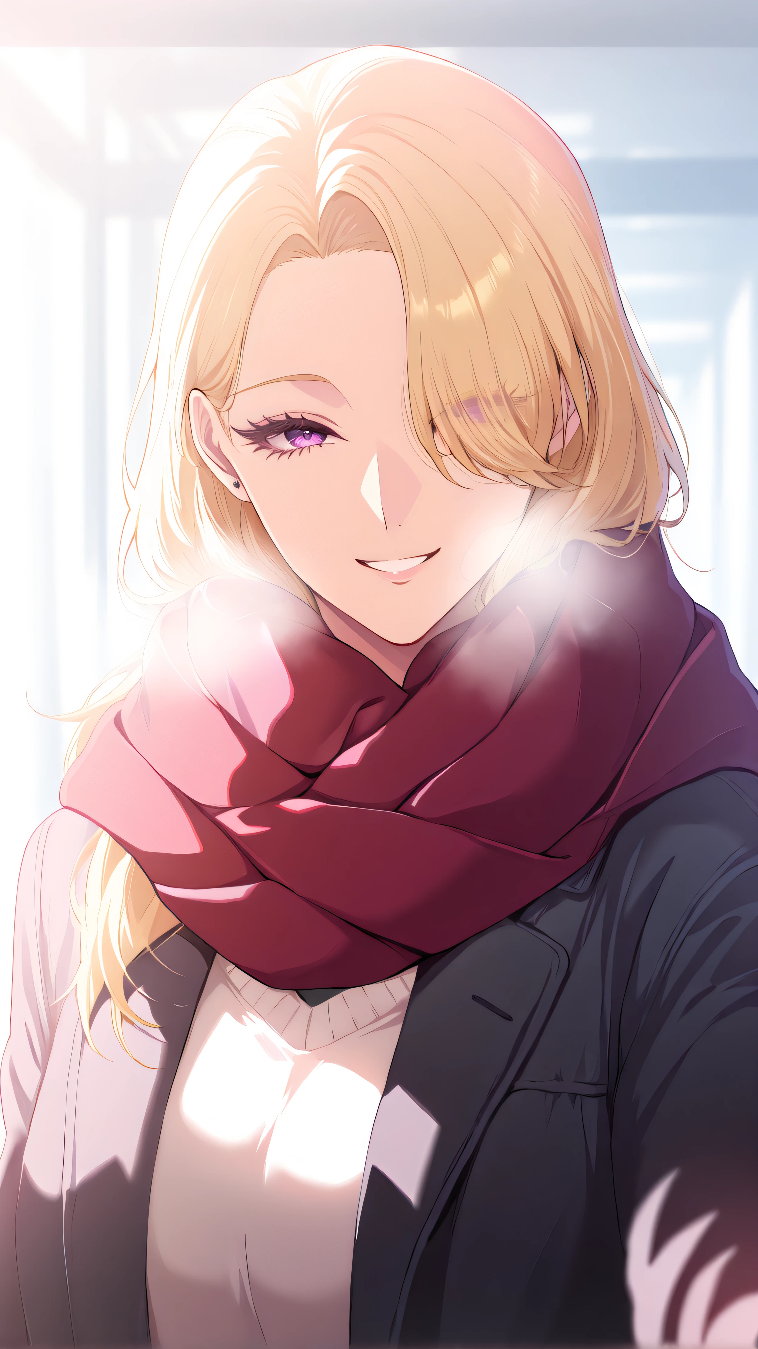 1girl, solo,beautiful detailed eyes,long hair,(blonde hair:1.4), hair over one eye,purple_eyes,looking at viewer,(medium breasts),
pov cheek warming, 1girl, smile, scarf, coat, solo, looking at viewer,
B
masterpiece,best quality,amazing quality,highres,
