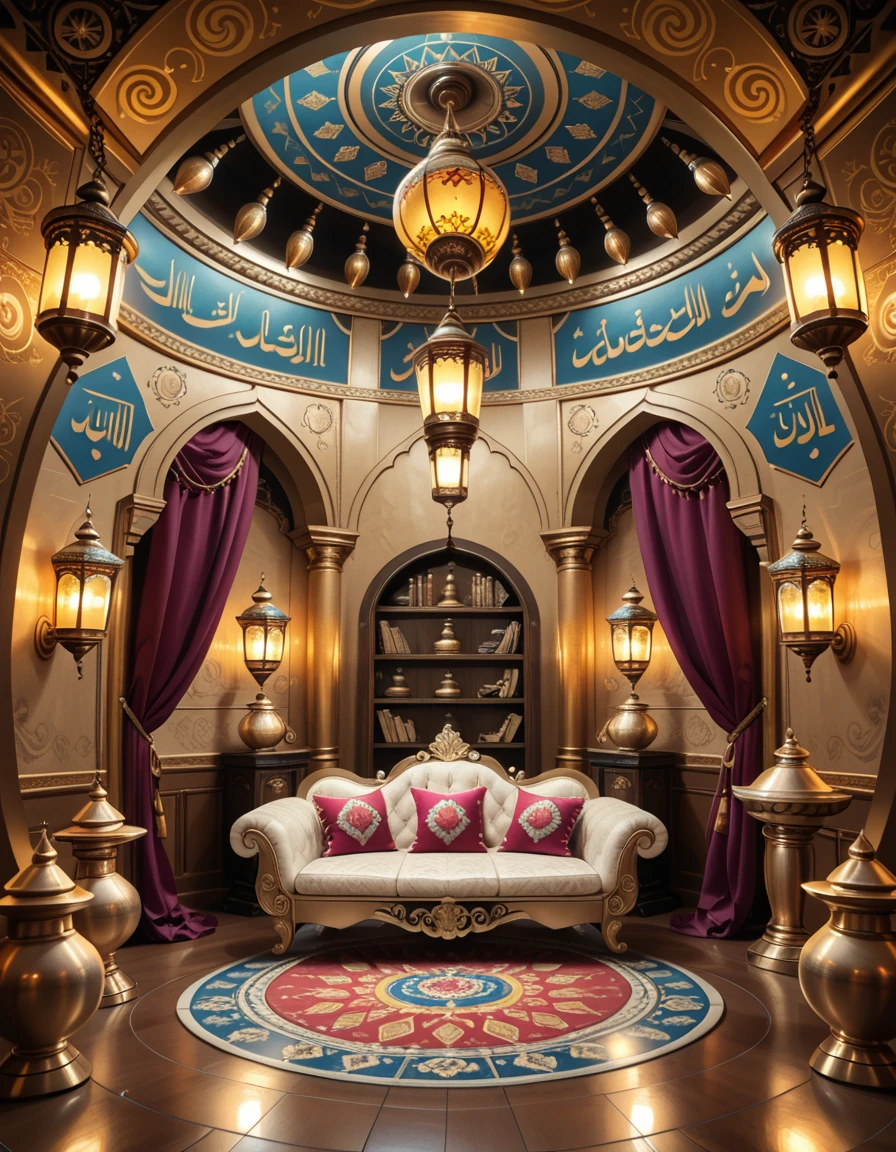 The interior of a genieâs lamp, imagined as a luxurious, mystical chamber with ornate Arabian decor. The space is curved and enclosed, with golden walls engraved with swirling patterns and ancient calligraphy. Rich fabrics in deep reds and purples drape from the ceiling and line the walls. A low, jewel-encrusted divan with embroidered cushions sits at the center on a circular mosaic floor. Hanging lanterns cast a warm, magical glow, reflecting off the golden surfaces. Incense burners rest in the corners, and the air seems to shimmer with enchantment. No characters are present.genie lamp 1nt3r10r, <lora:genie_lamp_1nt3r10r-p:1>,score_9, score_8_up, score_7_up,amazing quality, ultra realistic, 3D, HD, best quality, amazing quality, very aesthetic, absurdres,