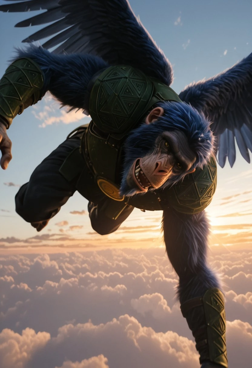 chistery_wicked, 1boy, male ape, furry, blue fur, scarred face, ape ears, blue hair, green and orange eyes (heterochromia), short braided beard, blue wings, long blue tail, green armor (golden plate on chest), green bracers,
score_9_up, score_8_up, score_7_up, BREAK, solo, head tilt,, smiling, mouth open, flying, looking at viewer, ultra detailed, detailed background, masterpiece, best quality, 8k, Expressiveh, realistic, 3d, sky, blue sky, clouds, sunset,