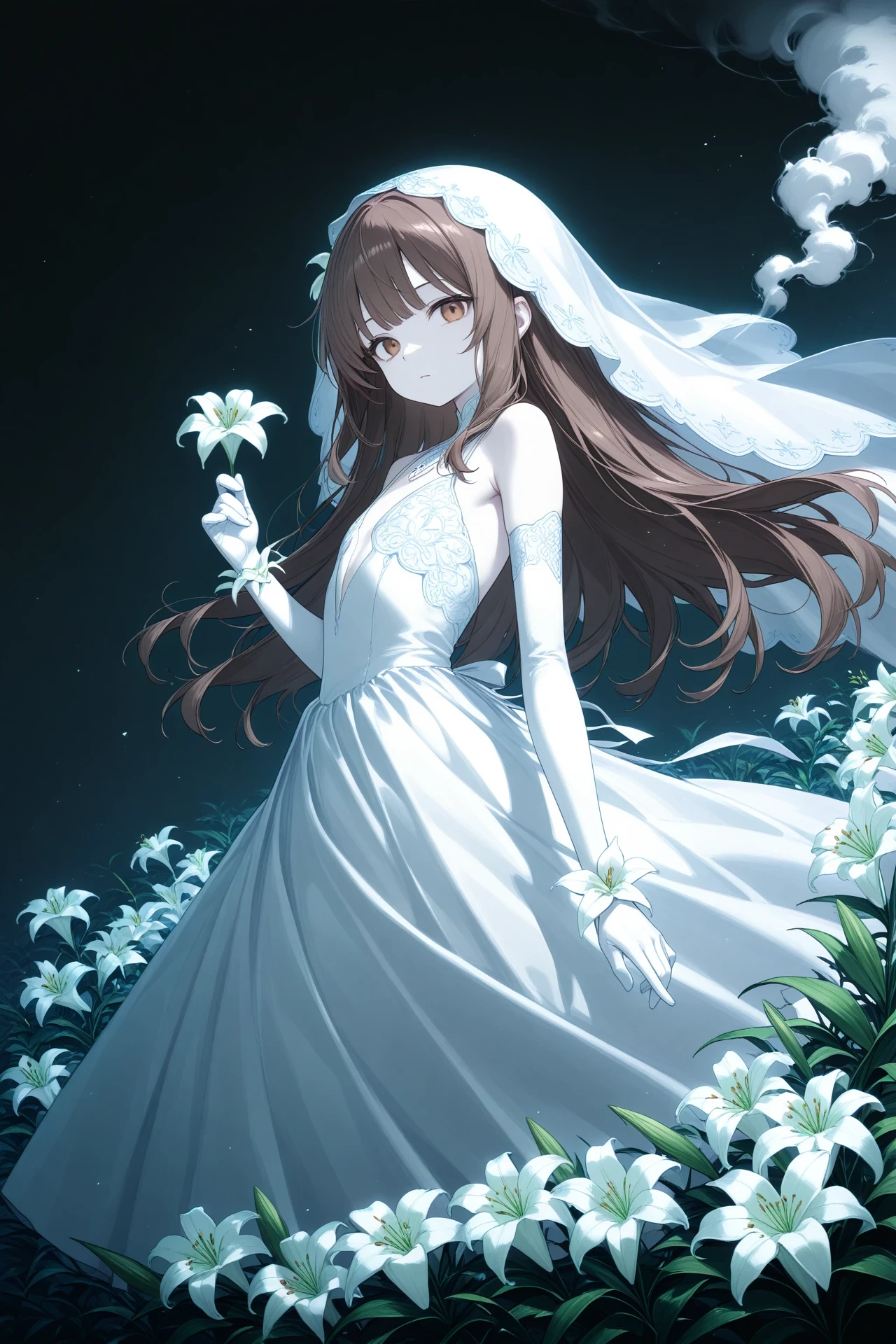 1girl, solo, dynamic,
elbow gloves, flower, pale skin, dress, sleeveless, white gloves, gloves, lily \(flower\), brown hair, wrist flower, long hair, flat chest, veil, smoke, white dress, looking at viewer,, masterpiece, best quality