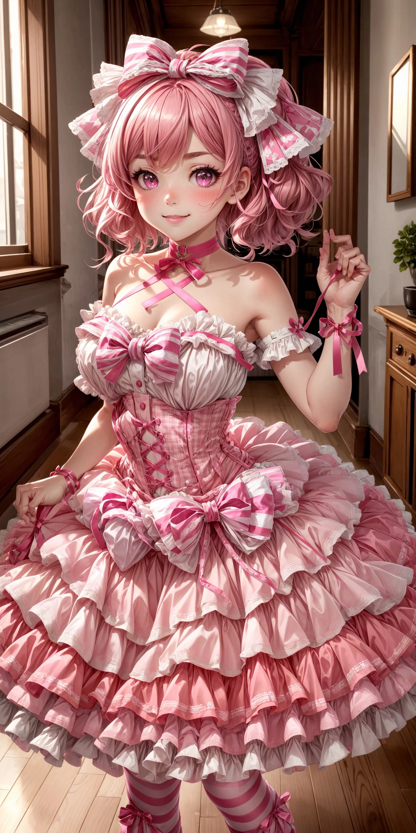 (fullbody, front facing, facing viewer) 1girl, big sparkling eyes, blush, smile, hot pink and light pink basque waist strapless sleeveless dress, dress, strapless, sleeveless, hot pink and light pink lace-trimmed large chest ribbon, pastel pink and white plaid print bodice, plaid, plaid print, plaid print bodice, buttons, dark pink buttons, basque waist, brooch, waist ornament, waist ornaments, hot pink padded heart waist ornaments, waist ribbons, hot pink waist ribbons, light pink plaid frills, hot pink ruffles, white lace, white dainty lace trim, light pink and hot pink attached layered ribboned skirt, bow skirt, hot pink hip_ribbons, bows, frilled bows, lace-trimmed bows, pink bows, hot pink bows, hot pink crisscross ribbon choker, ribbon choker, <lora:more_details:0.7>, <lora:scene_:0.5>, <lora:FashionComplexityEnhancerLORAv1:0.4>, <lora:69e30a8d-7acf-4040-9a0d-d43fc5efe66c:0.6>, <lora:96073874-f082-4683-942e-601cecac5c40:0.3>, <lora:f7d08feb-f21d-42d0-9ef1-a9481867524d:0.3>, <lora:5844635f-c9c3-4f9e-85c4-d0d40f201159:0.3>, <lora:betterLight_v10:0.3>, ,