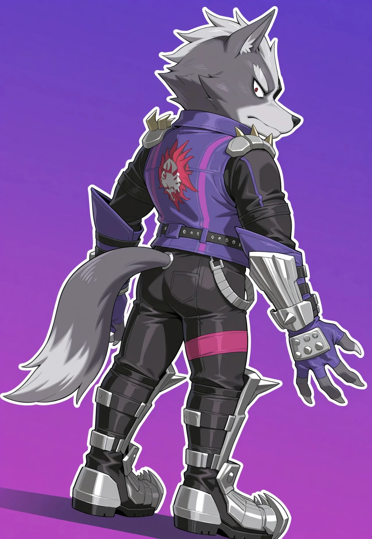 masterpiece, best quality,amazing quality, bold lines, white outline, abstract purple background, full body, from behind, dynamic angle, from side, side angle, solo, Wolf O'Donnell, Red Eye, Eyepatch On Right Eye, Purple Sleeveless Jacket, Black Bodysuit, Purple Fingerless Gloves, Metal Boots, looking at viewer, half closed eye, closed mouth, anthro, mature male, wolf tail